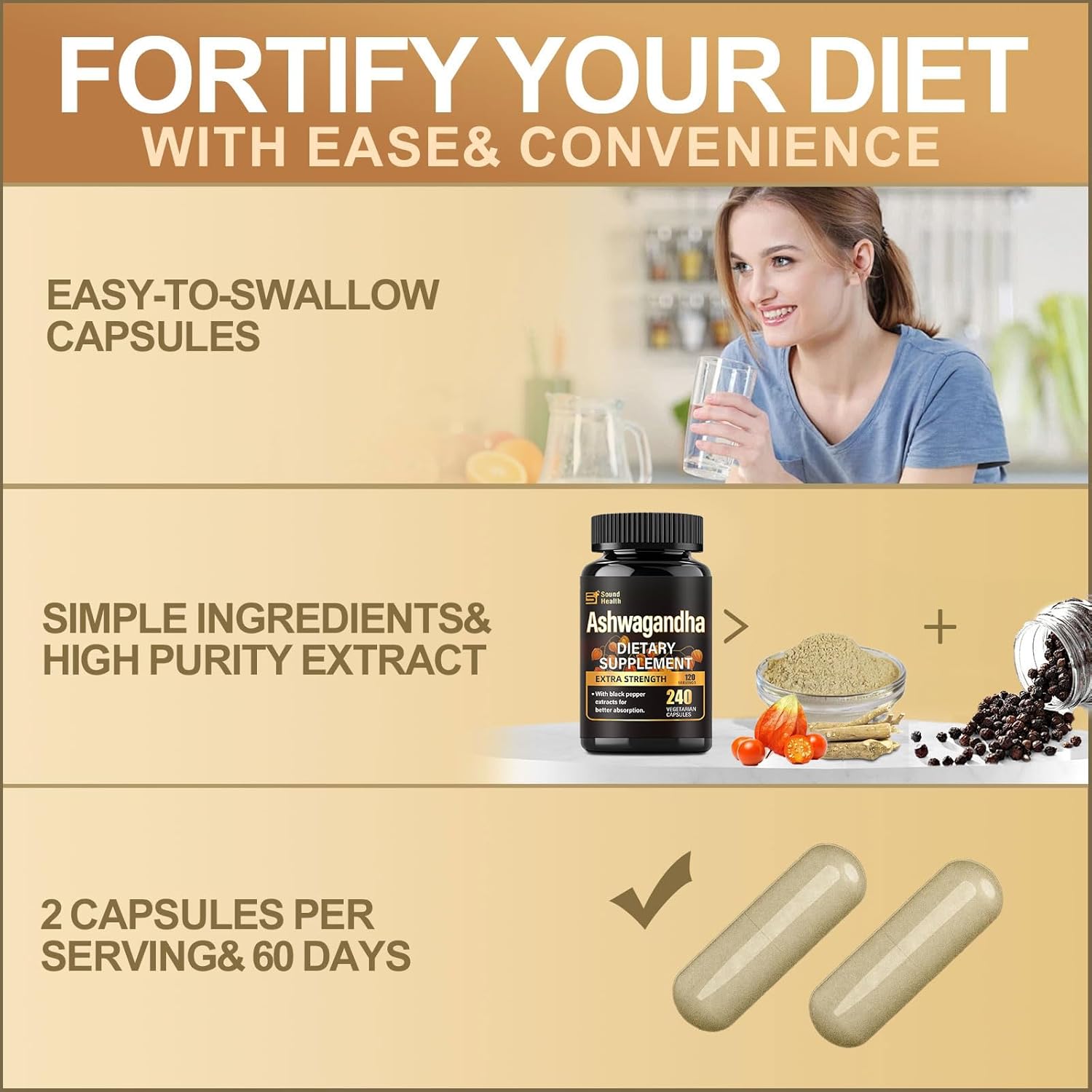 SoundHealth Organic Ashwagandha Capsules Supplements - 7000mg Herb Powder Equivalent Per, Ashwagandha Powder for Women & Man - Vegan, Plant Based, Gluten-Free, Non-GMO - 240 Capsules (120 Servings) - Image 7