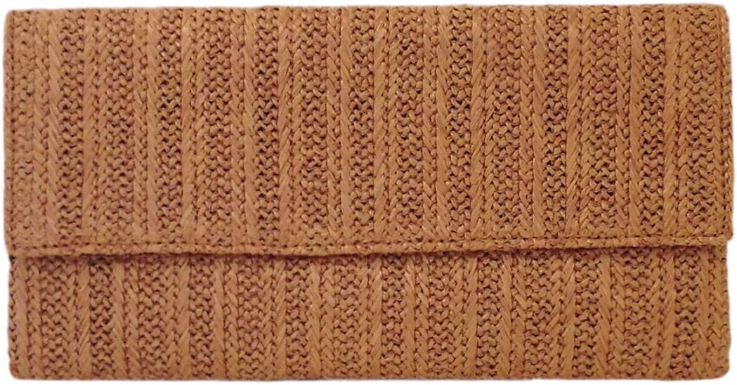 JNB Natural Straw Flat Clutch Medium – Magnetic Snap Closure, Card Pocket, 21" Crossbody Chain, Black Twill Lining, TAN