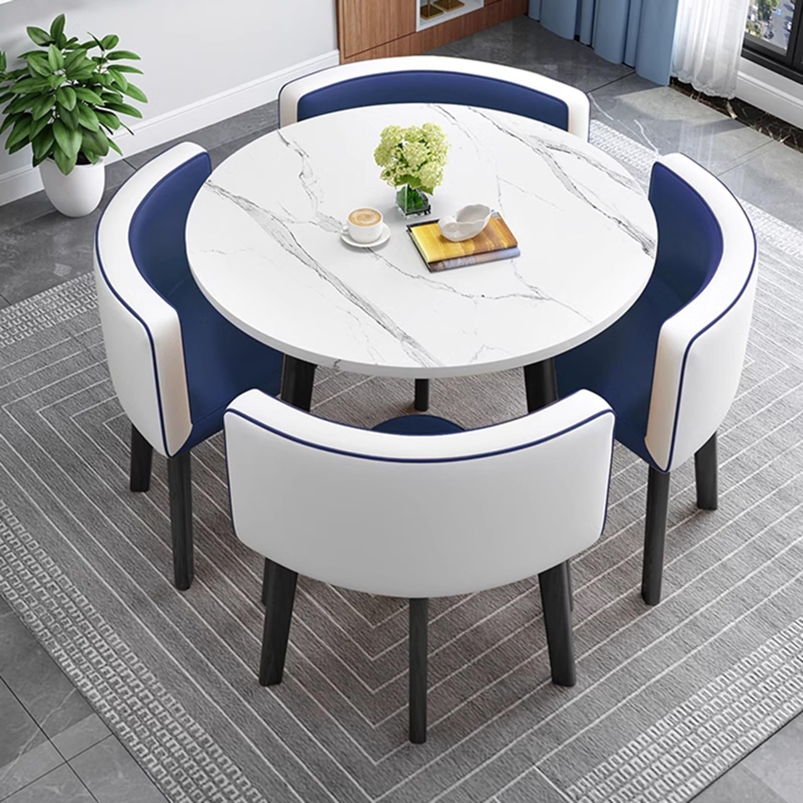 PUMPIE Kitchen Breakfast Bar Table And Chair Set, Dining Round Table Soft Backrest Seat Modern Style Furniture Coffee Kitchen, Space-Saving Furniture Office Conference Tables (Color : Blue and white)