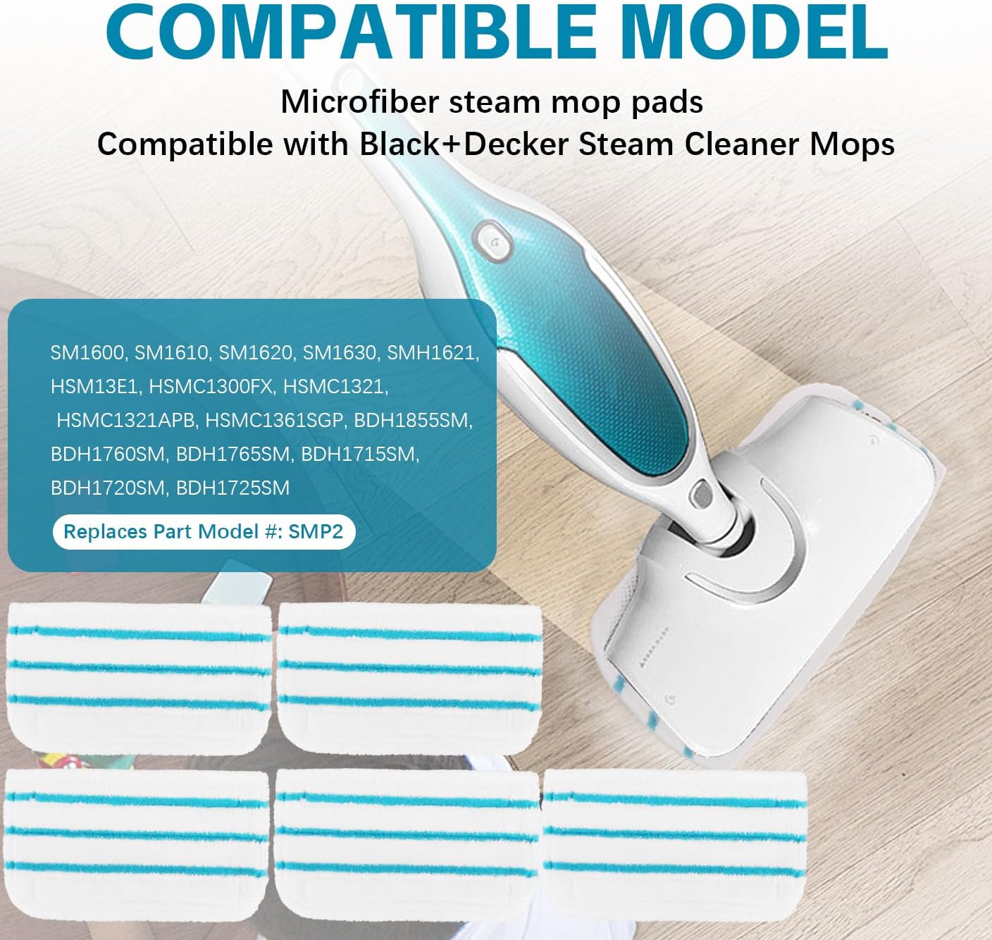 Steam Mop Pads Compatible with Black+Decker Steam Mop SM1600, SM1610, SM1620, HSM13E1, HSMC1300FX, HSMC1321, HSMC1361SG SMP20 - Washable Pads Replacement for Floor Cleaning - 12Pack