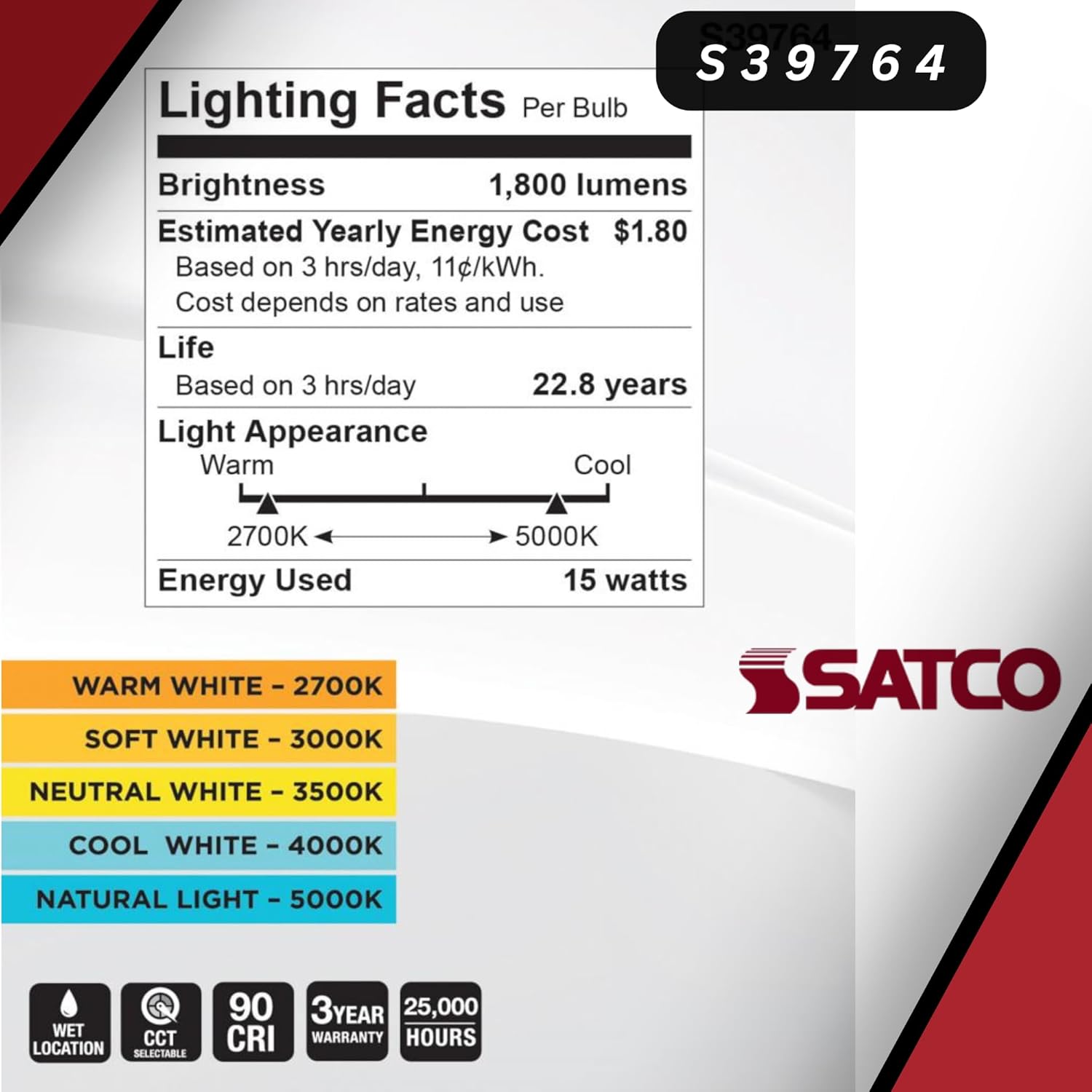 Satco S39764 15 Watt PAR30LN High Lumen LED; Long Neck; 27K/30K/35K/40K/50K CCT Selectable; Medium Base; 120-277 Volt (2 Pack)