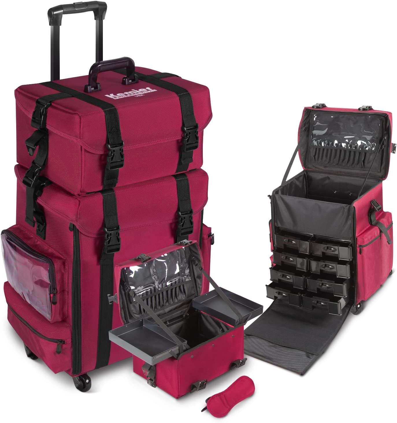 KemierRolling Makeup Train Case - Professional 2 in 1 Soft Sided Nylon Travel Makeup Case Artist Cosmetic Organizer Storage with Wheels Drawers