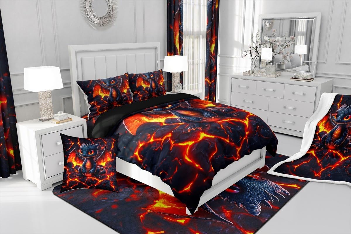 Manfei Dragon Comforter Set Queen Size,Volcano Eruption 3D Red Lava Flame Print Bedding Set 3 Pcs for Teens Adults,Cute Black Dragon Mystic Animal Natural Disaster Down Comforter,2 Pillowcases