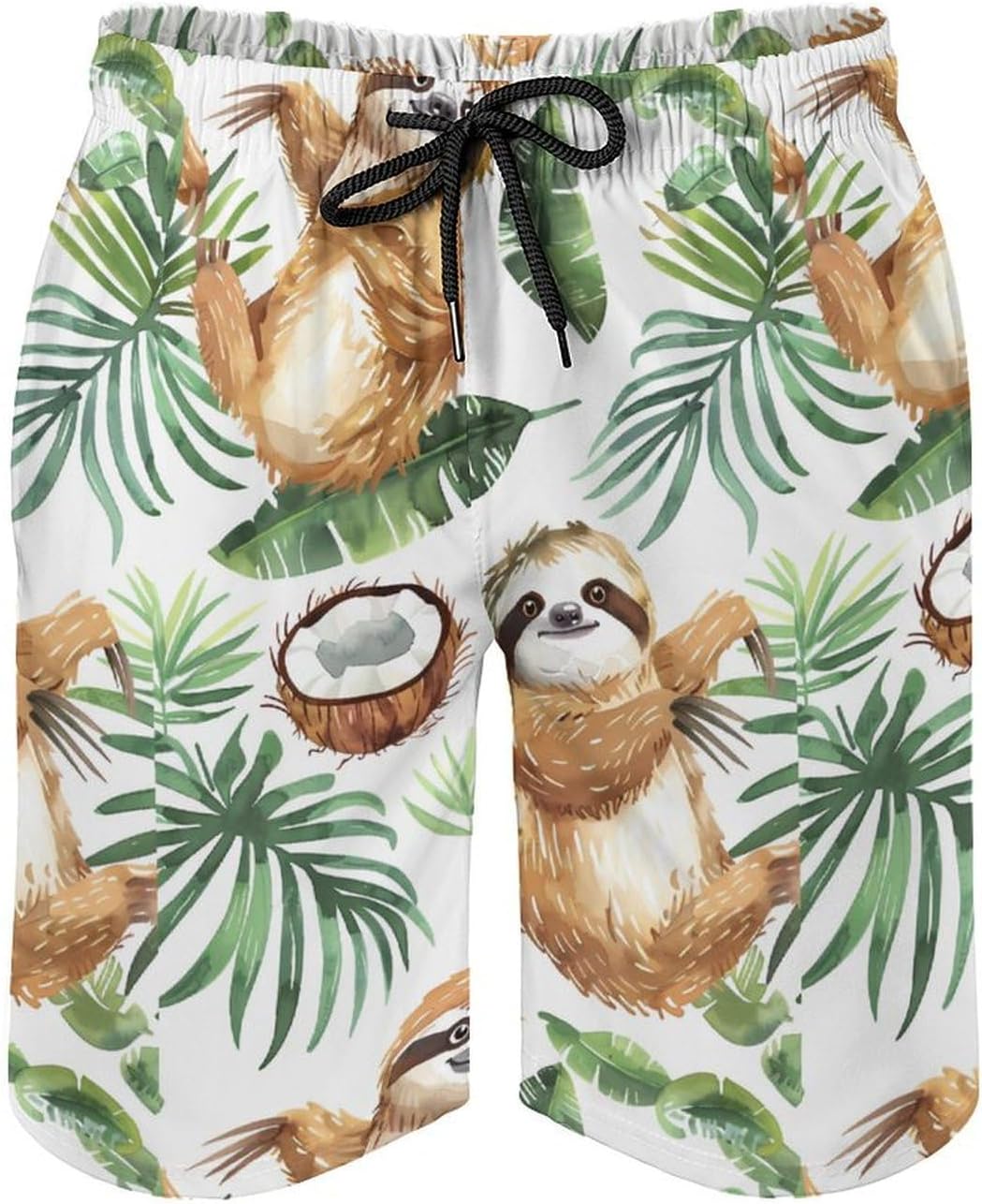 Cute Sloth Coconut Palm Leaves Casual Men's Swim Trunks Novelty Summer Beach Shorts Swimwear with Pocket
