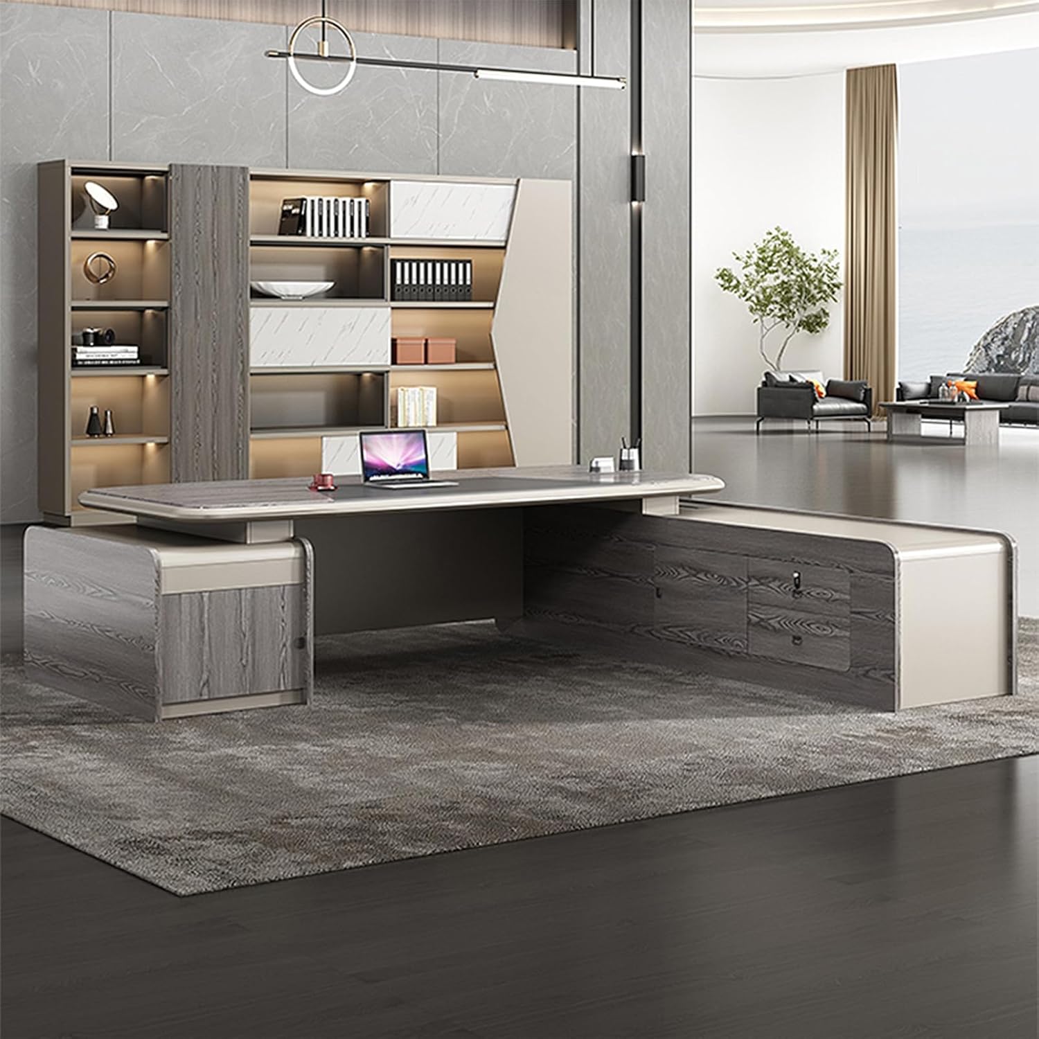 Grey L-Shaped Computer Desk Home Office Desk with Lateral Cabinet Writing Study Table Business Furniture Set for CEO Boss