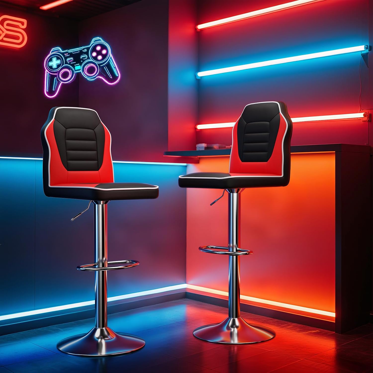 MoNiBloom Racing Style Bar Stools Set of 2, Height Adjustable PU Leather Barstools with Footrest, 360° Swivel High Backrest Bar Chairs for Kitchen Counter and Pub, Black-Red Blocking