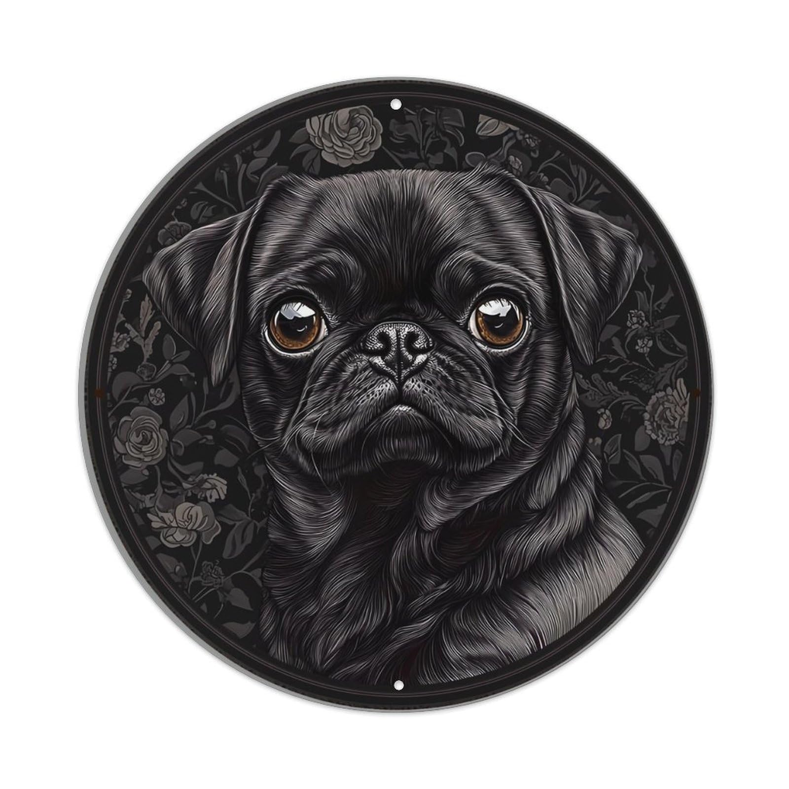 Black Pug Floral Pattern Print Metal Tin Sign Plaque