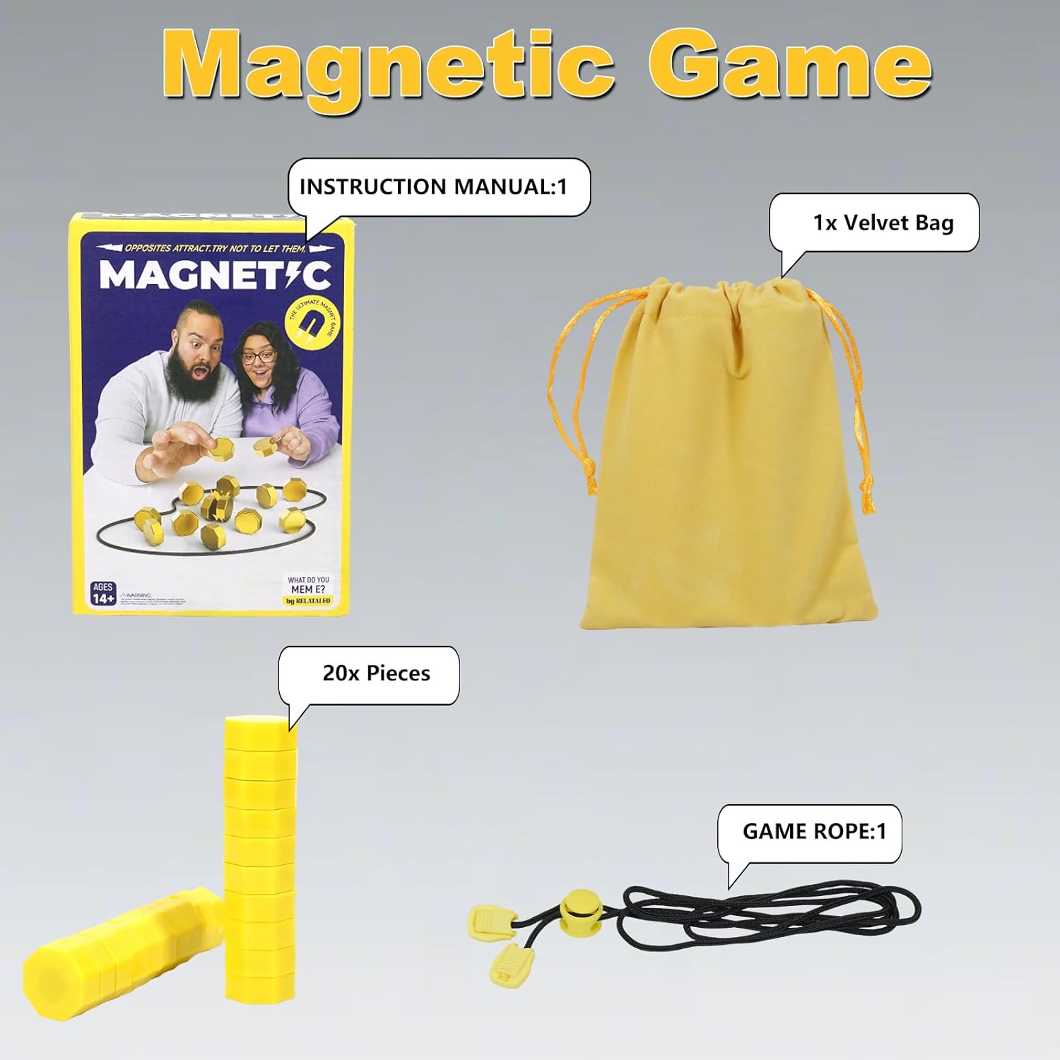 Magnetic Chess Game with String - Upgraded N52 Magnet Stone Play Set for Adults & Kids - Portable Strategy Tabletop Board for Family Night, Travel & Parties - 20 Polished Pieces
