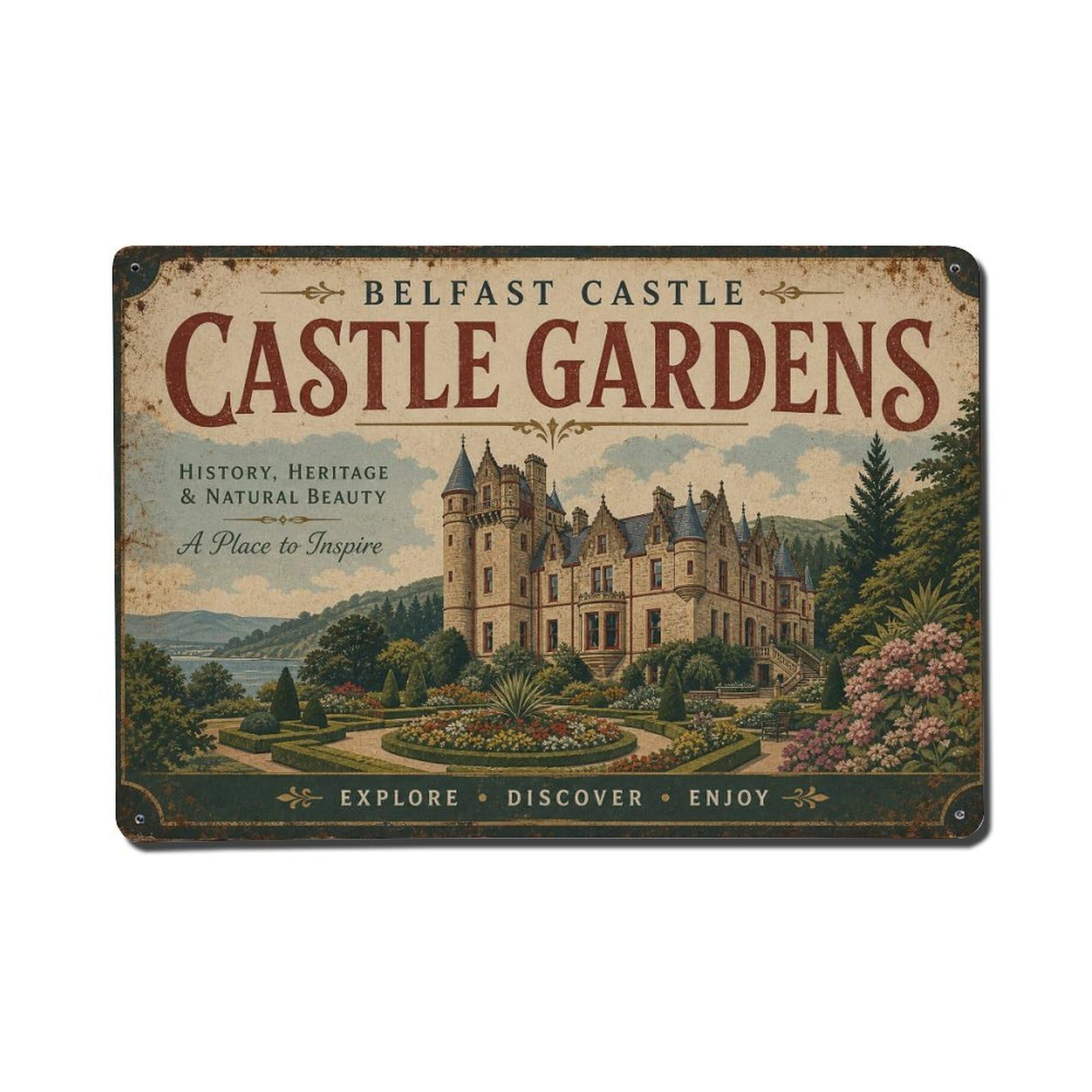 Fyrn Style Metal Tin Sign Vintage Travel Belfast Castle Gardens Ireland