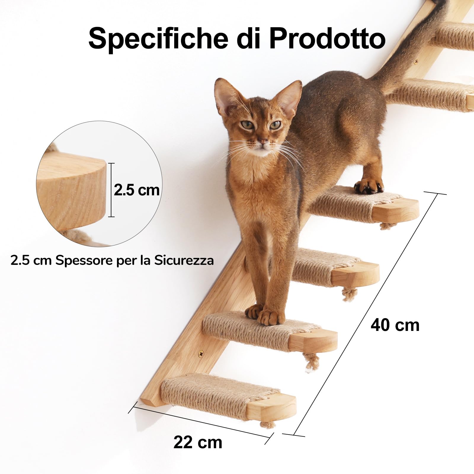 FUKUMARU Parete da Arrampicata per Gatti, 4 Scale e Gradini, Scaletta in Legno Massiccio di Gomma, Con Corda di Iuta per Graffiare, per Gatti Fino a 15 kg, da Sinistra a Destra