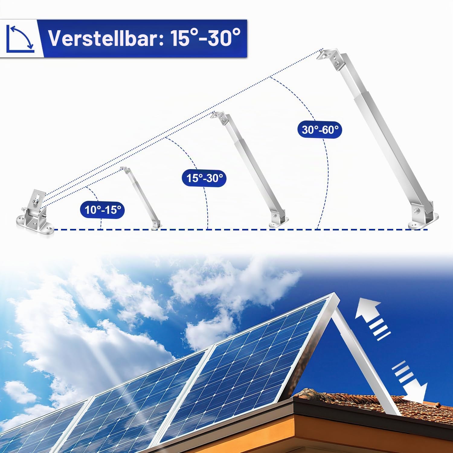 Solarpanel Halterung 4er Set 0-60° verstellbar Aluminium | Aufständerung 38-68 cm höhenverstellbar, Solarmodul Halterung für Balkonkraftwerk, Flachdach, Wand, Wohnmobil & Boot