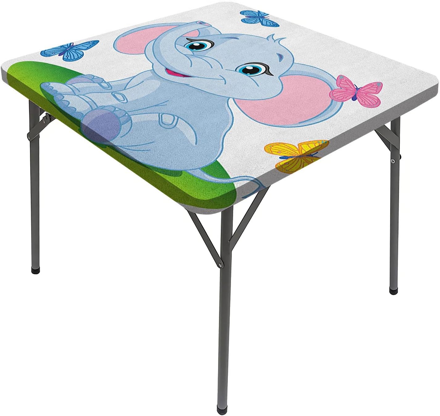 Cartoon Elastic Square Tablecloth, Cute Baby Elephant Sitting on The Meadow in Spring Square Dining Table Cover, Fits 36x36 inch Table, for Outdoor Indoor Holiday Picnic Party Cloth
