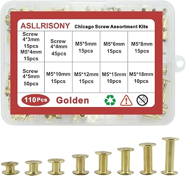 110 Sets Golden Chicago Screws Assorted Kit, 8 Sizes of Round Flat Head Leather Rivets Metal Screw, Used for Leather Crafts, Clothing, Shoes, Belts, Bags and Custom-Made Items