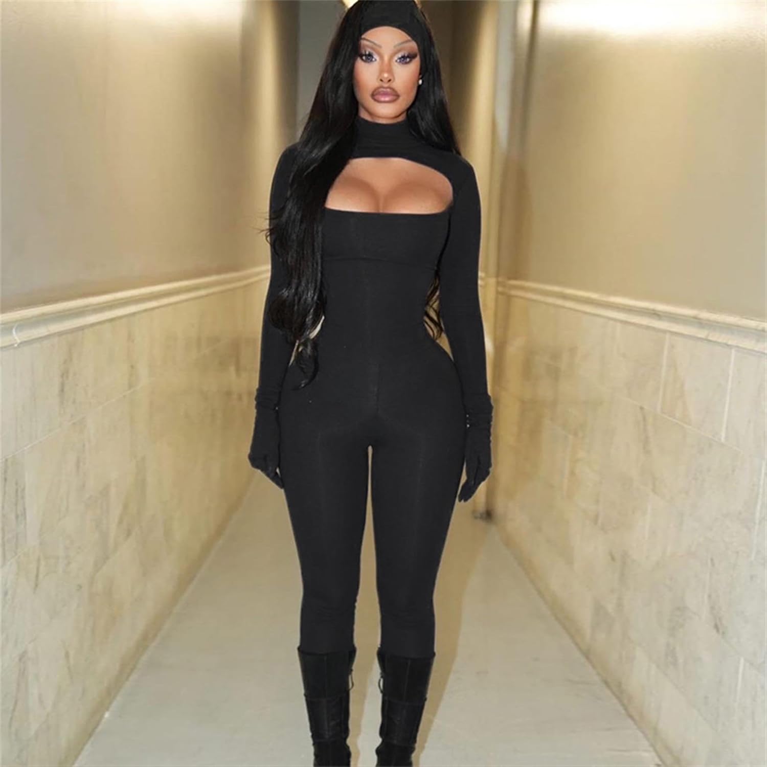 Ksotutm Long Sleeve One Piece Jumpsuit for Women - Sexy Black Bodycon - Image 2