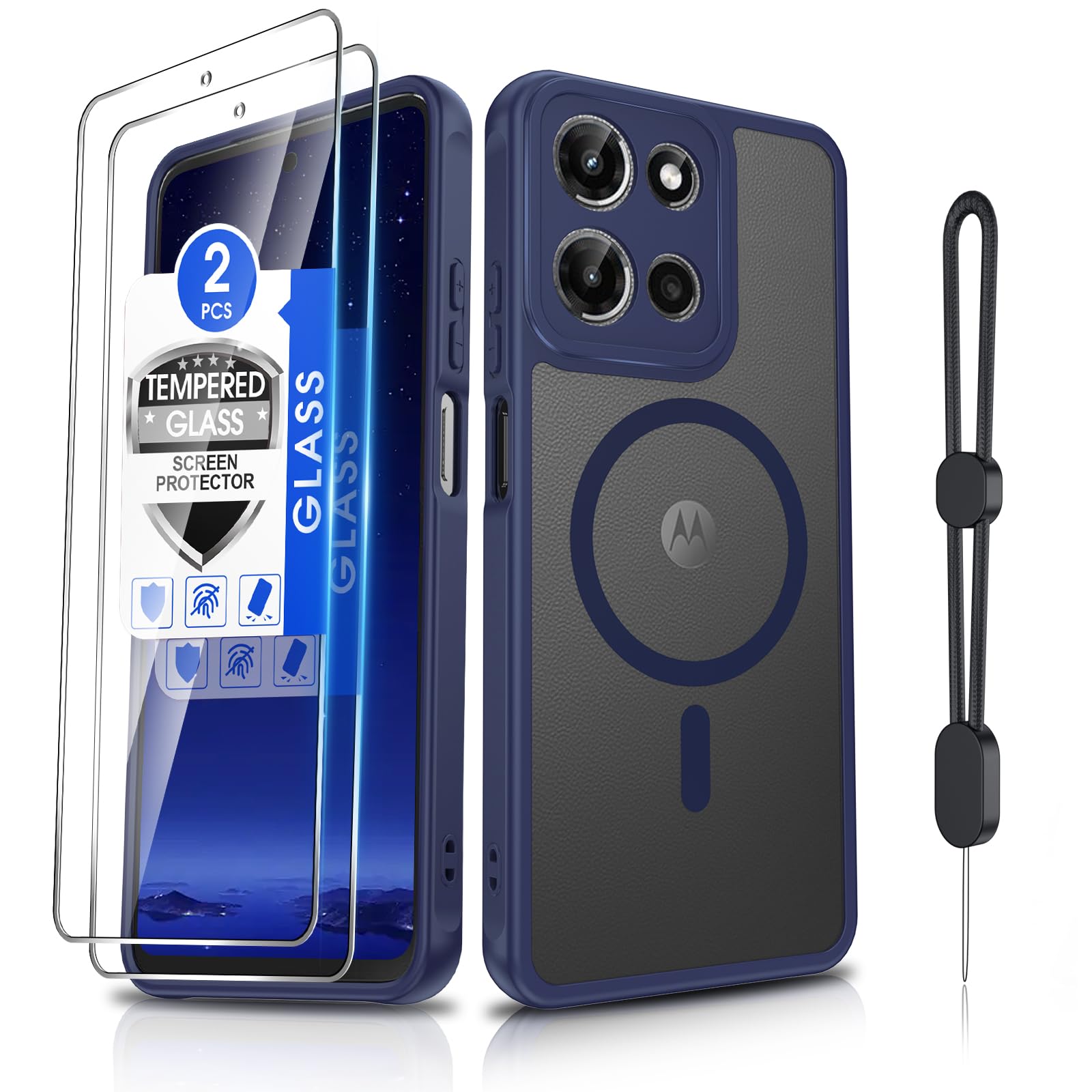 Dizn Magnetic for Moto G 2025/2026 Case, Motorola G Play 2025/2026 Matte Funda, with Tempered Glass Screen Protector,Compatible with MagSafe,with Strap,Shockproof Protective Moto G Play 25/26, Blue