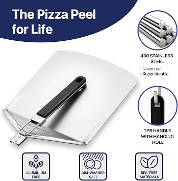 KitchenStar Stainless Steel Pizza Peel 12 with 10 Folding Handle + Pizza Cutter Rocker Blade 12 - Pizza Making Bundle