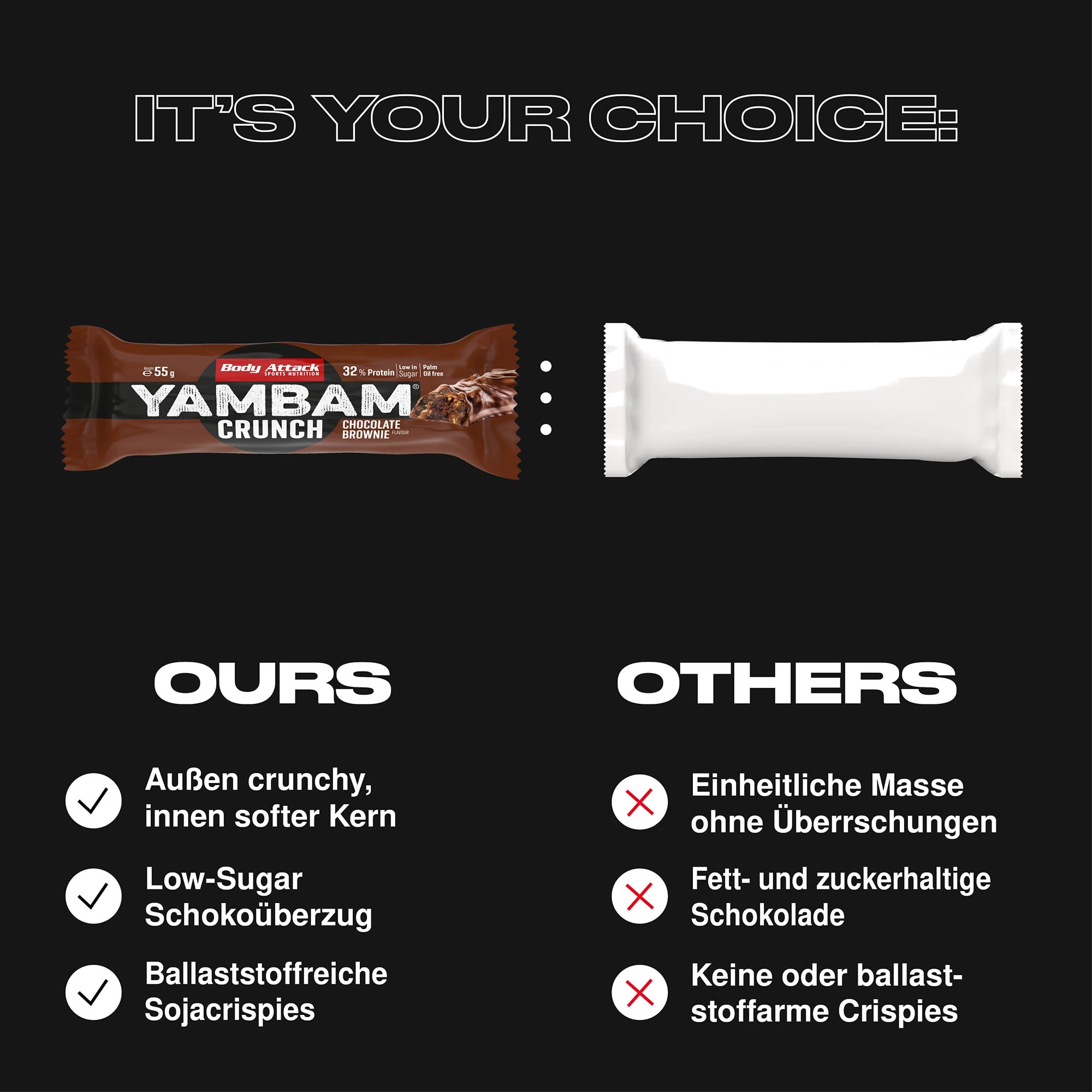 Body Attack Nutrition - Barretta Di Yambam Crunch In Lattina (15x55g) - Barrette proteiche - Barrette a basso contenuto di zucchero - Brownie