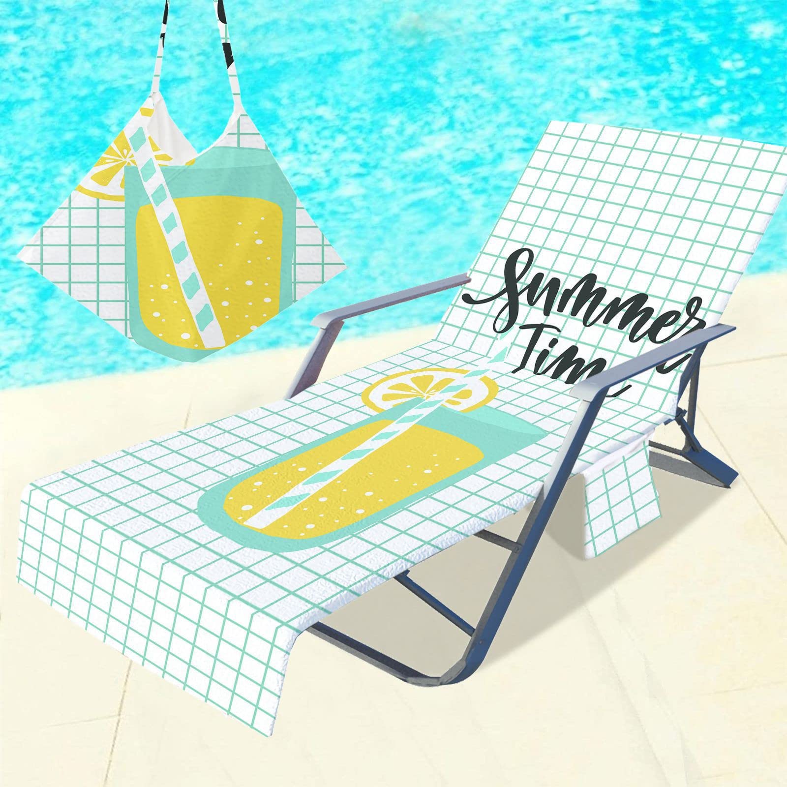 RRrawgff Beach Towel with Pockets for Loungers, Lemon Pattern Beach Chair Cover Towel Fitted Microfiber Sunbed Towel Sun Lounger Towels for Summer Outdoor Garden Pool Vacation (White Plaid)