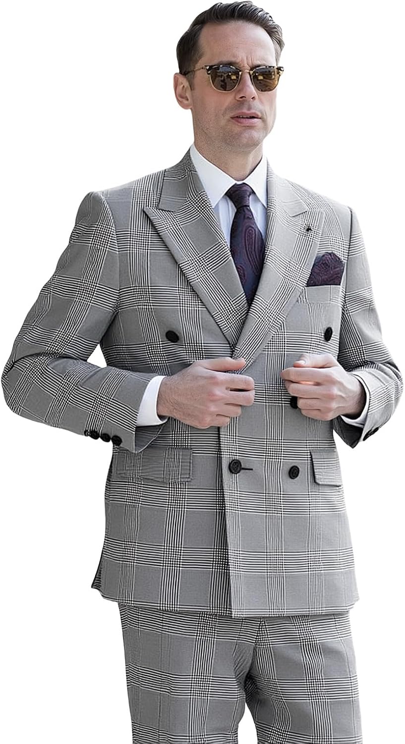 Mens 2 Piece Classic Double Breasted Plaid Checked Tuxedo Suit Business Casual Blazer Jacket Pants Set for Prom Party