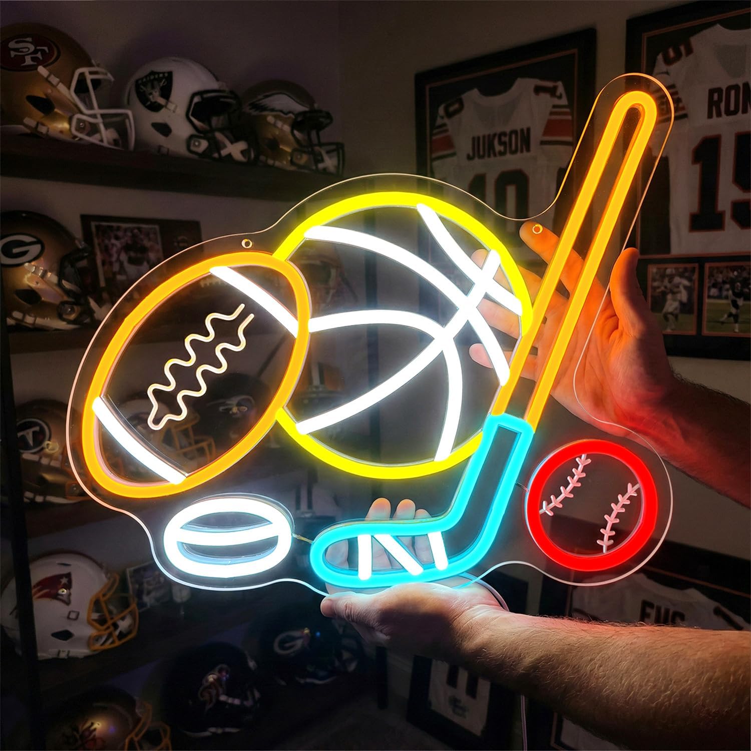 Sports Neon Sign,LED Neon Light with Dimmer,Neon Signs for Wall Decor,Multi Sports Neon Sign for Man Cave,Room,USB Powered Neon Wall Decor for Football Basketball Baseball Ice Hockey Fans