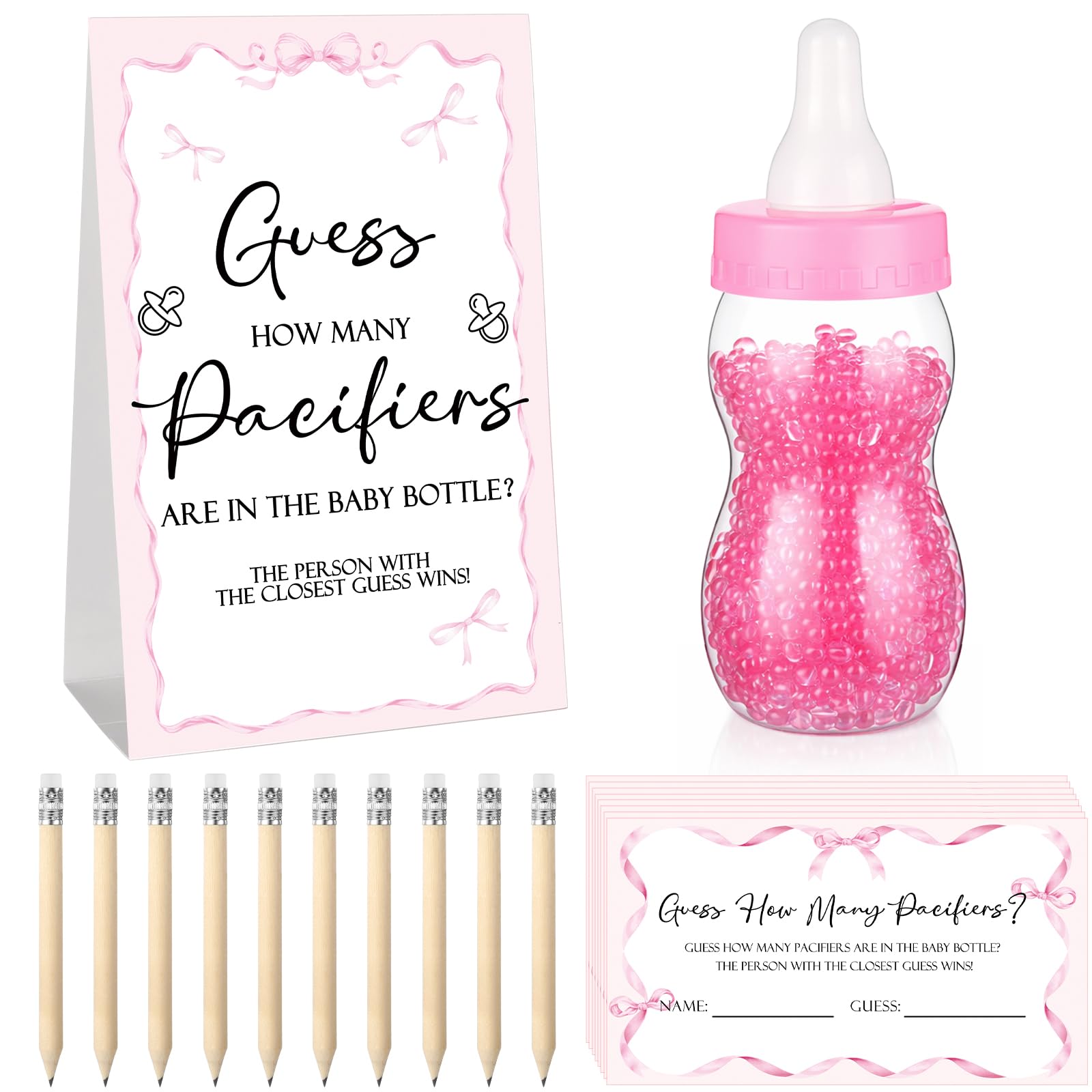 Roowest 512 Pcs Baby Shower Games Guess How Many Pacifiers Sign 100 Small Guessing Games 10 HB Pencils 750ml Milk Bottle 400 Acrylic Pacifiers Decoration for Guest Gender Reveal(Pink,Bow)