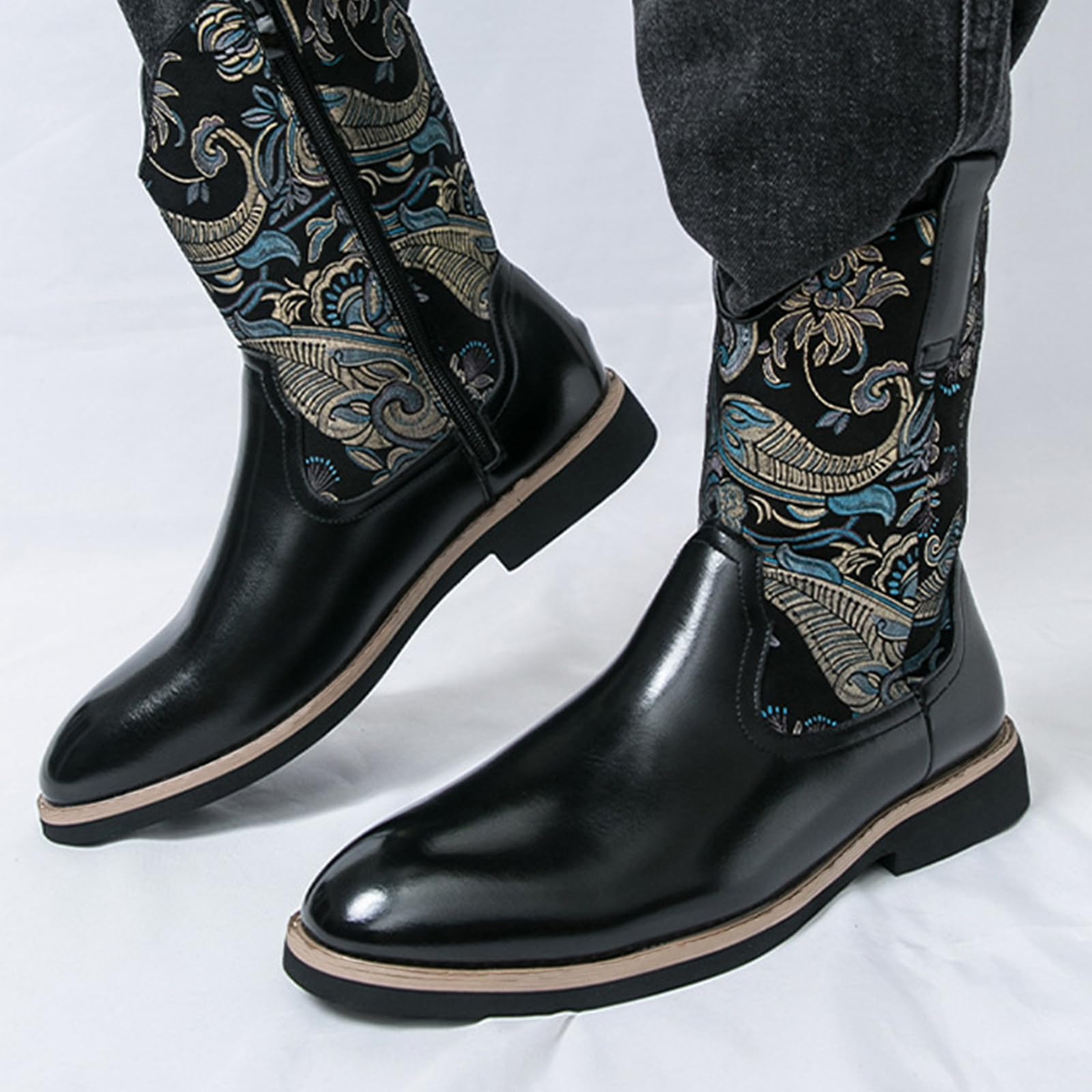 Stivali da Cowboy da Uomo Larghi Vintage A metà Polpaccio | stivali occidentali con ricamo a punta tonda tacco a blocchi stivali lunghi Scarpe da Equitazione Stile Country