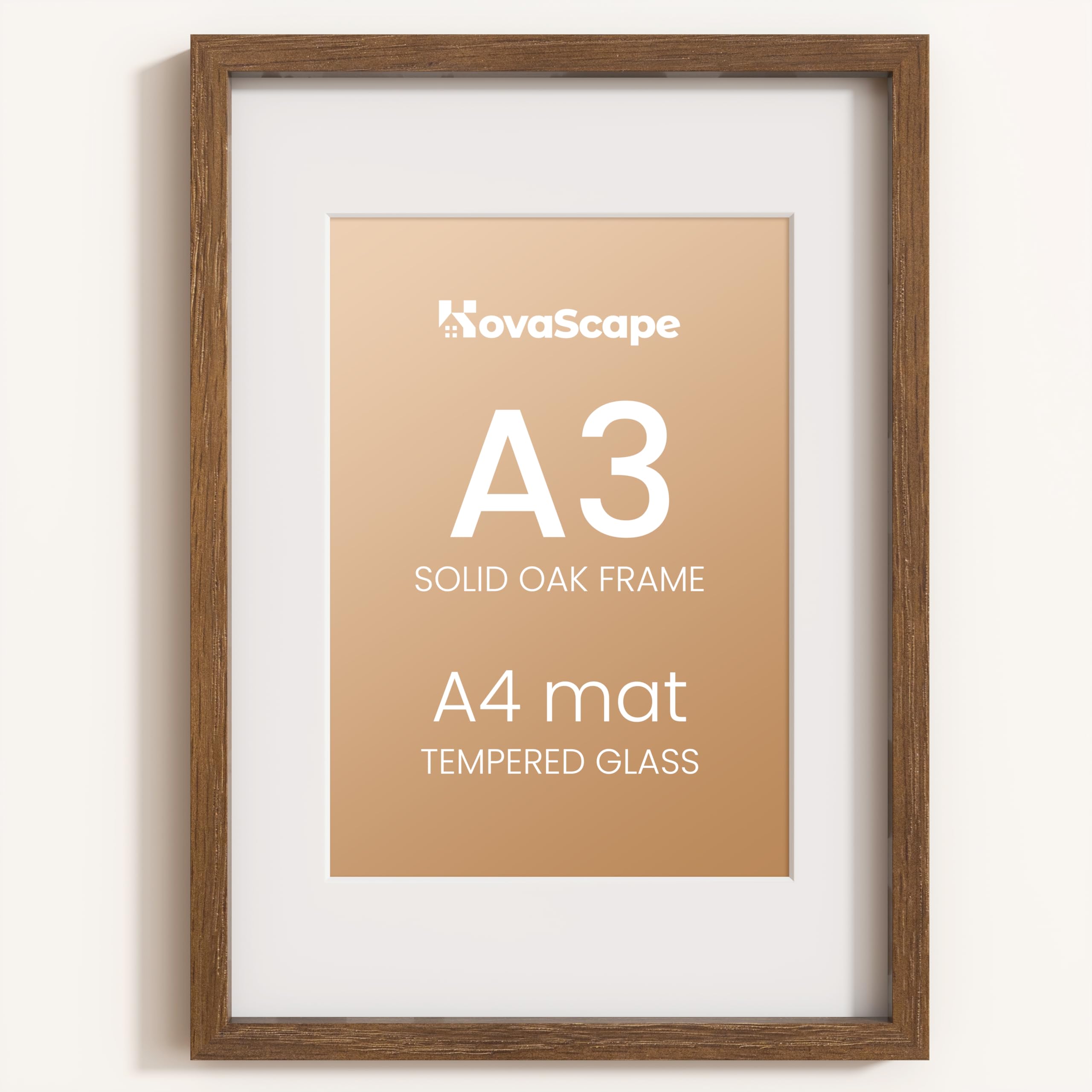 KovaScape A3 Photo Frame, Natural Solid Oak Wood Picture Frame with HD Tempered Glass, Modern Minimalist Wooden Frame Matted for A4(21x29.7 cm) Photos, Versatile Wall Hanging & Tabletop Display