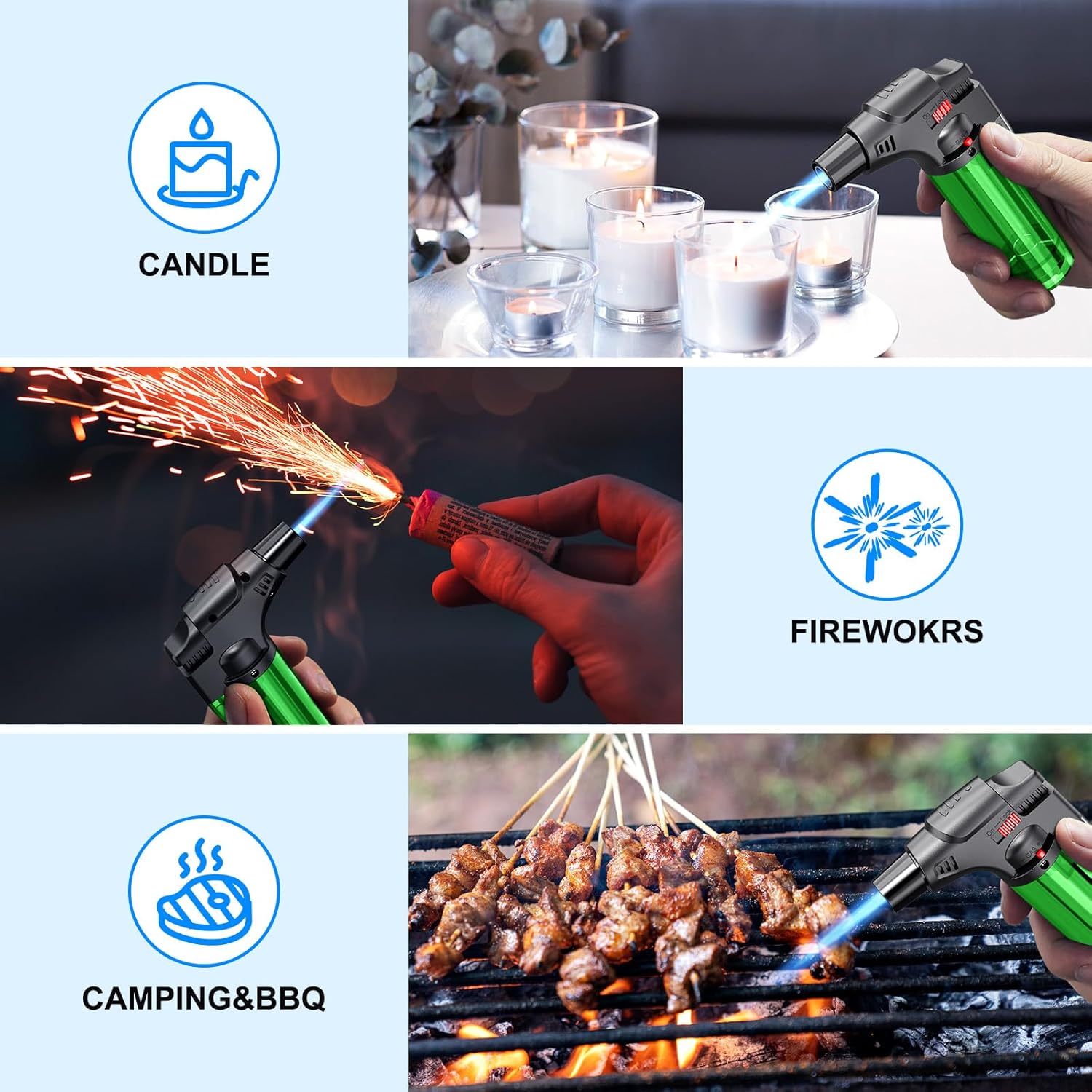 Torch Lighters, 4 Pack, Butane Refillable Jet Flame Torch Lighter, Windproof, Safe, Multi Utility Lighter for Candles, Fireplaces, Campfires, Grill (Without Butane) (Black/Red/Blue/Green)