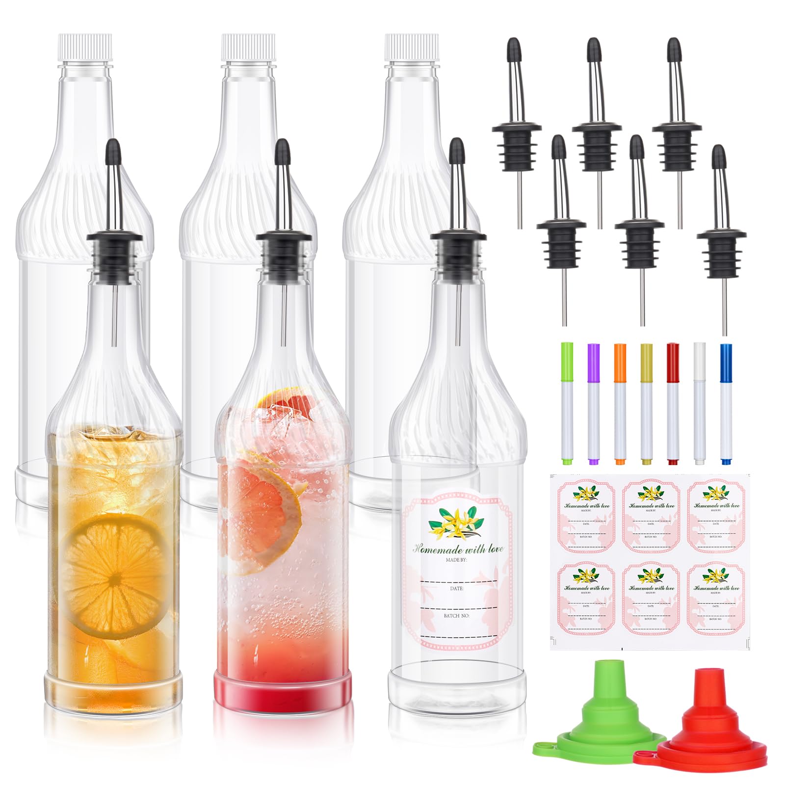 Dualshine 12 Pcs Plastic Long Neck Bottles 32 oz Syrup Bottles with Liquor Pour Spout and Caps Juice Pour with Stainless Steel Bottle Pourer for Liquor,Syrup,Juice,Bars
