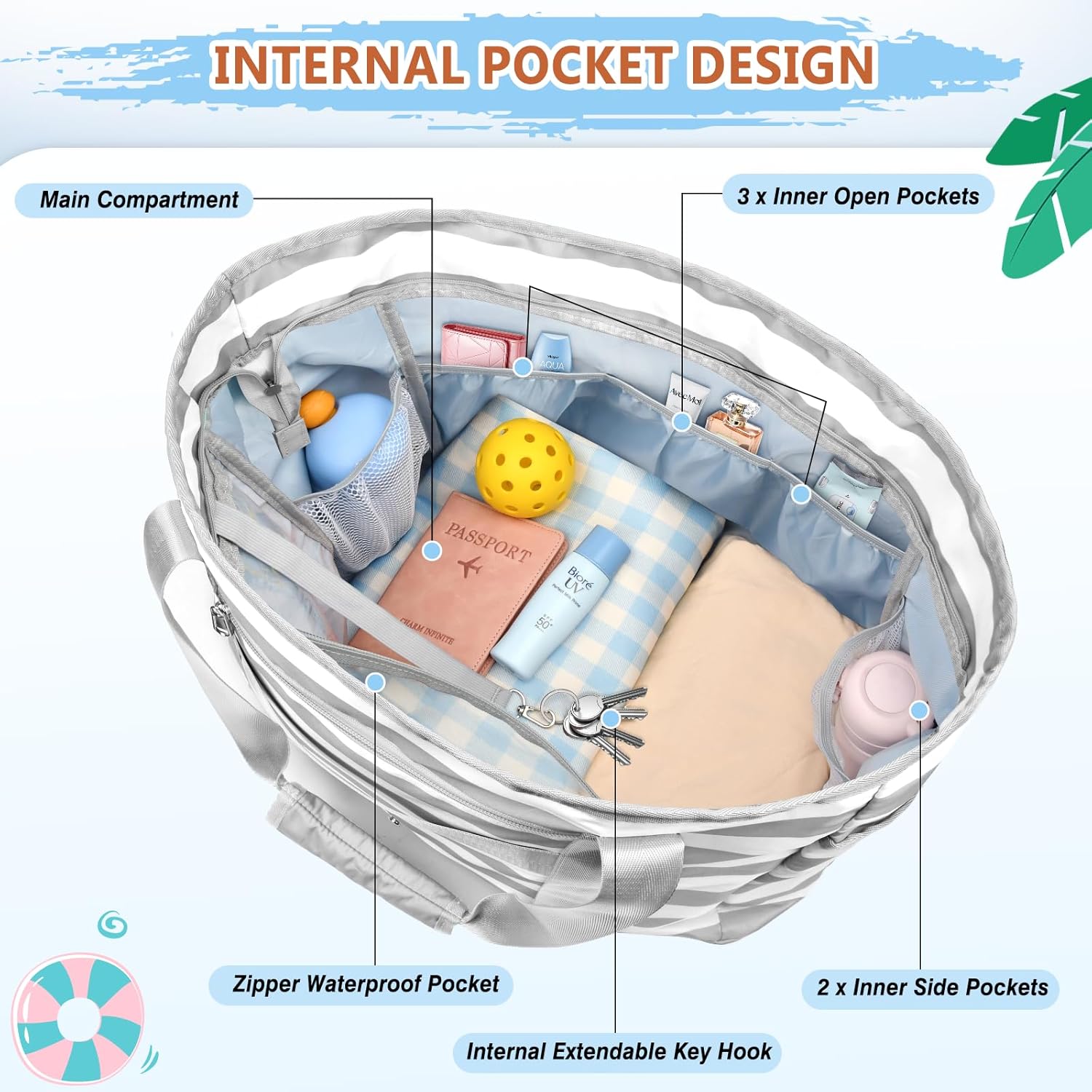 Extra Large Beach Bags for Women, Waterproof Sandproof Beach Tote Bag Foldable Swim Pool Bag with Zipper and Wet Pocket - Image 3