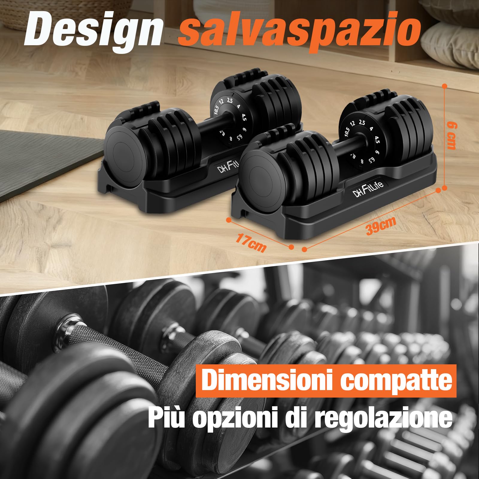 DH FitLife 12kg/25kg Manubri Regolabili, Set Manubri Componibili con 10 Pesi in 1, Manubri Regolabili Salvaspazio per Allenamento a Casa