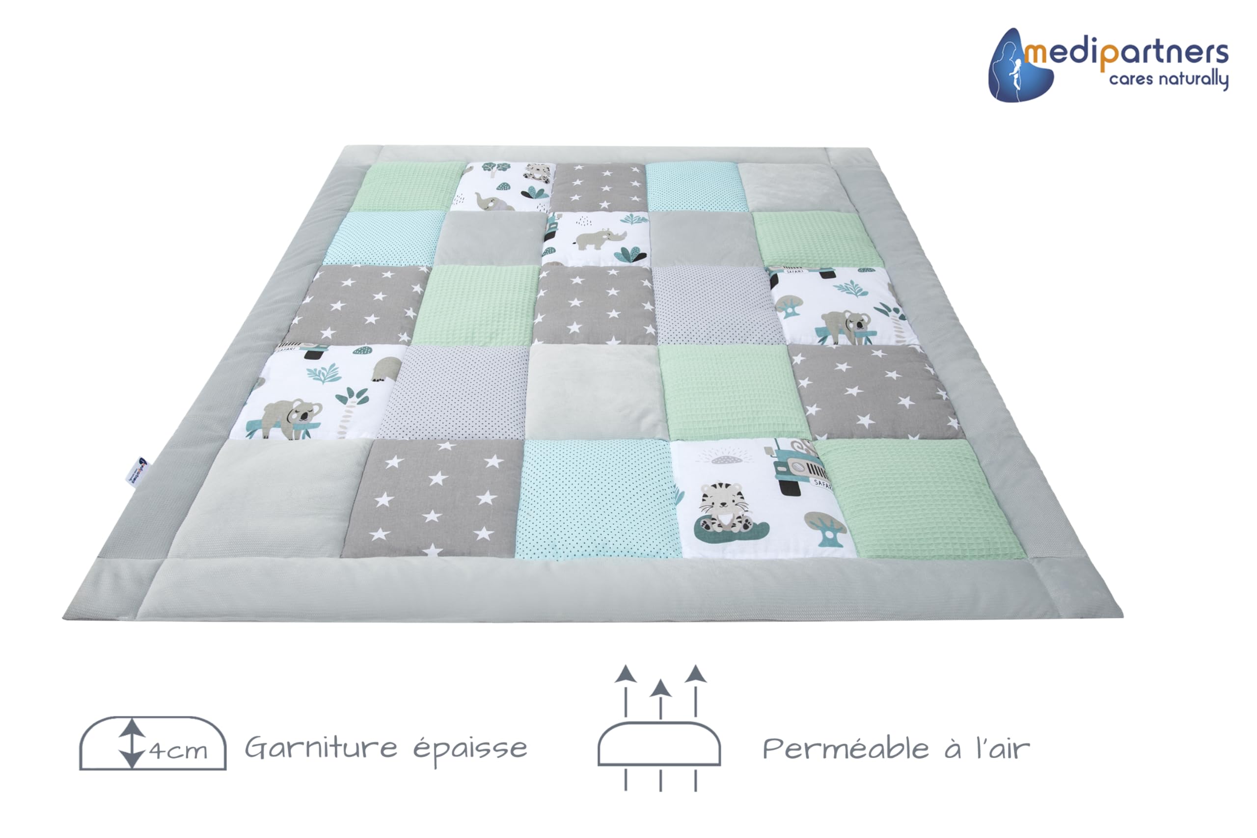 Tapis d'éveil bébé 120x120cm 100% Coton Oeko-Tex - Motricité et jeux enfant pliable Multifonctionnel