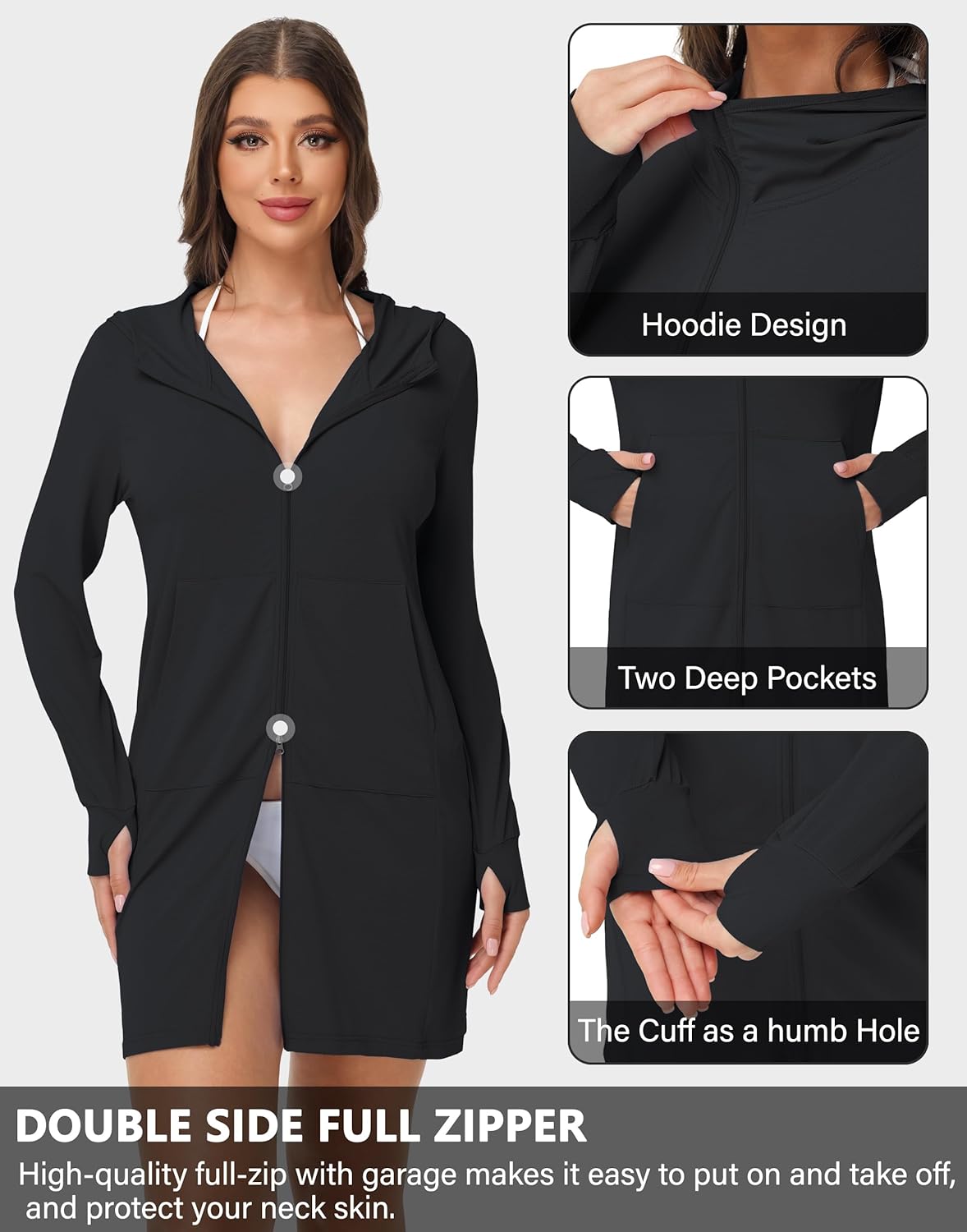 Women's UPF 50+ Swim Cover Up - Long Sleeve Beach Coverups SPF Dress Hoodie Long Jacket with Pockets Hooded Lightweight - Image 3