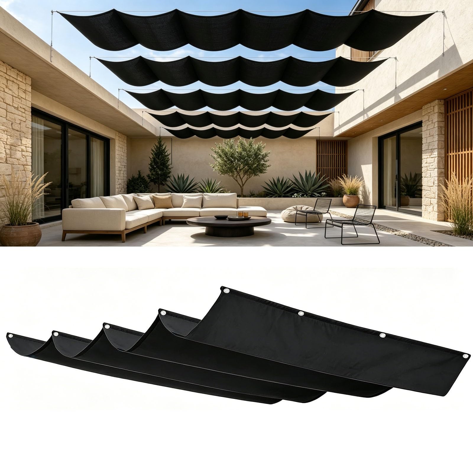 Toldo vela retráctil negro de 0.5x2.9m con protección UV 98% para terrazas