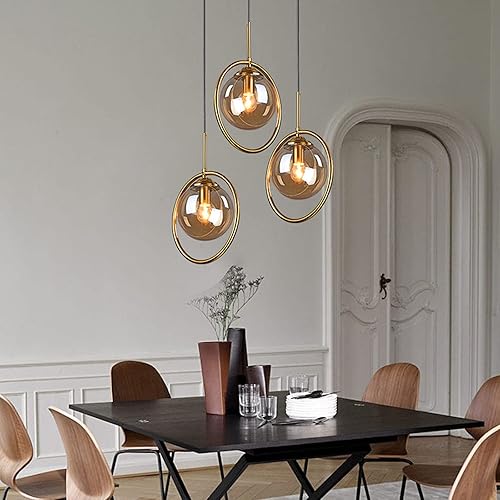 Miniatura 3 de Lámpara colgante industrial vintage de 3 luces, anillo de metal de latón con pantalla de globo de vidrio, lámpara colgante de techo retro, lámpara