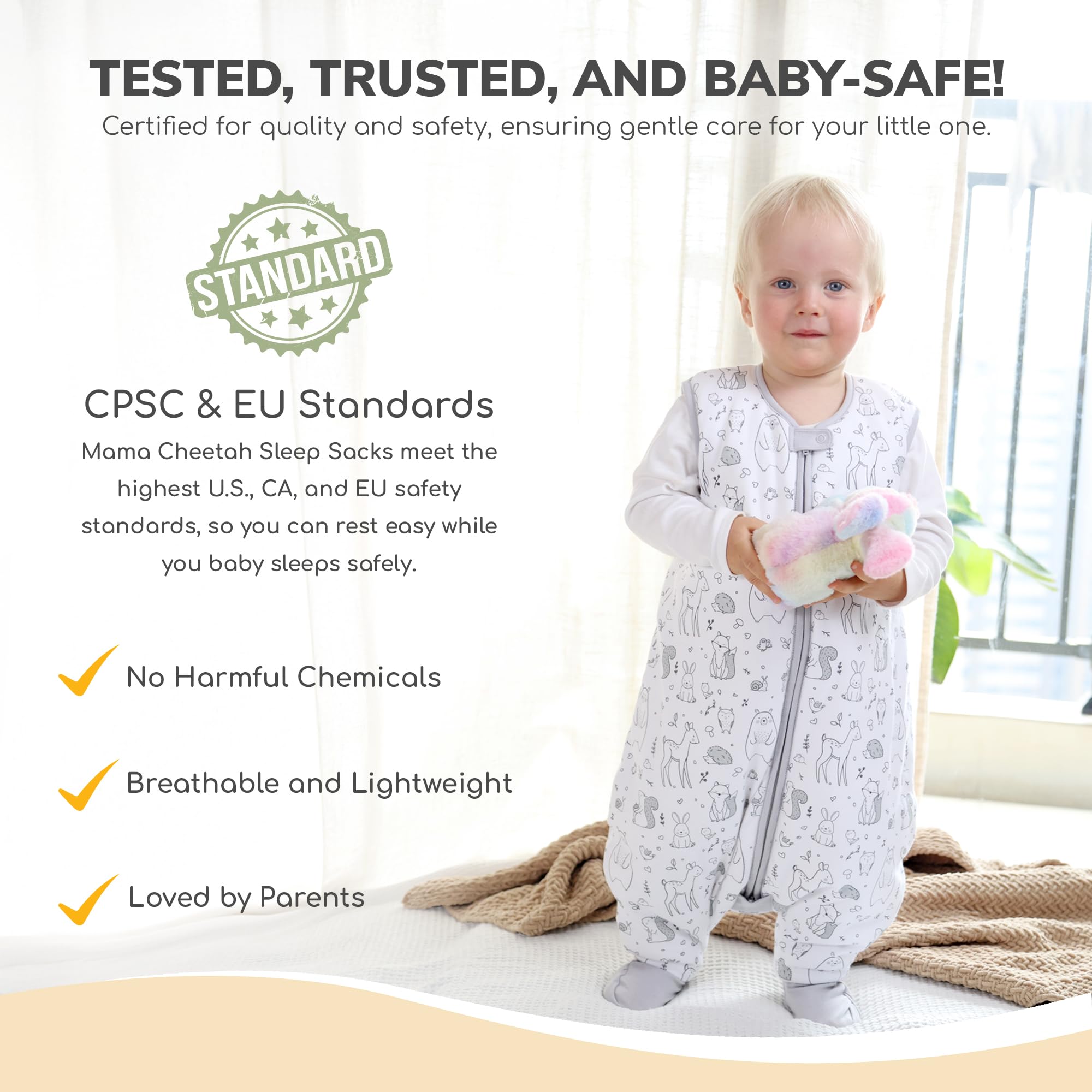 Mama Cheetah Toddler Sleep Sack with Feet 2T, 1.0 TOG Organic Cotton Baby Sleeping Bag with Legs, Wearable Blankets for Walkers w/ 2-Way Zipper, Sleep Sack for Girls Boys, Early Walker M (18-36 M) - 4