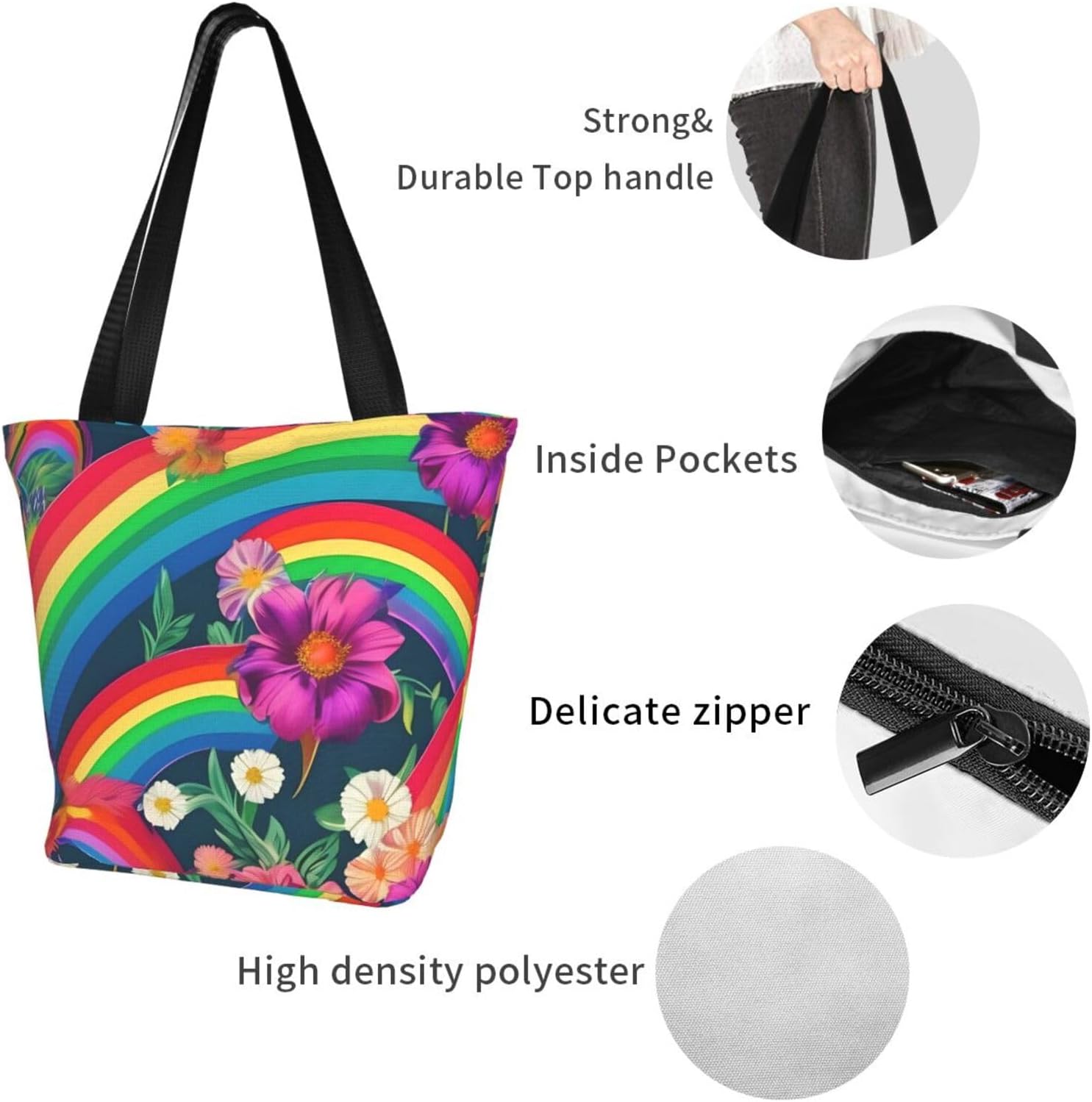 Rainbow Flowers Print Comfortable Summer Shoulder Bag Canvas Tote Travel Beach Hiking Shopping Weekend