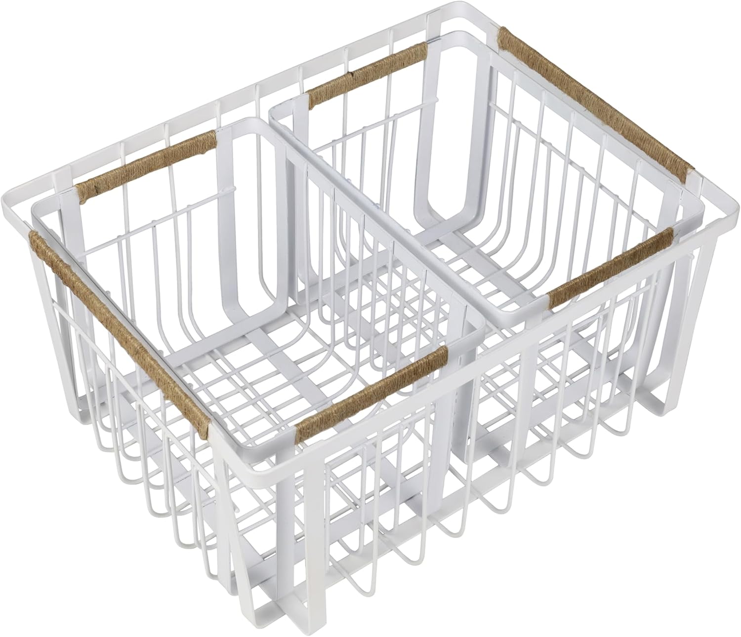 happimess BSK3003B-3SET Henley Vintage Farmhouse Wire Metal Nesting Storage Baskets with Jute Wrapped Handles for Shelves, Cabinets, Pantry, Countertop, Mesh Open Bin Basket, White (Set of 3)