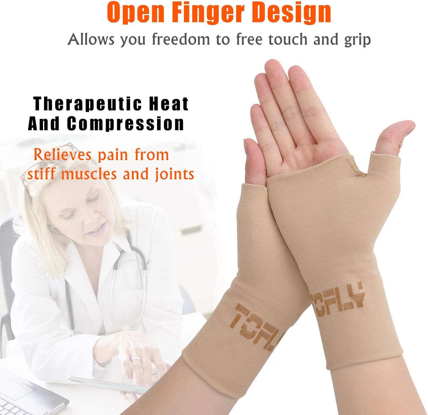 Free Shipping Over $50 TOFLY Wrist & Thumb Support Sleeve, 1 Pair Compression Arthritis Gloves for Unisex, Ideal for Carpal Tunnel, Wrist Pain & Fatigue, Sprains, RSI, Tendonitis, Hand Instability, Sports, Typing, Beige S