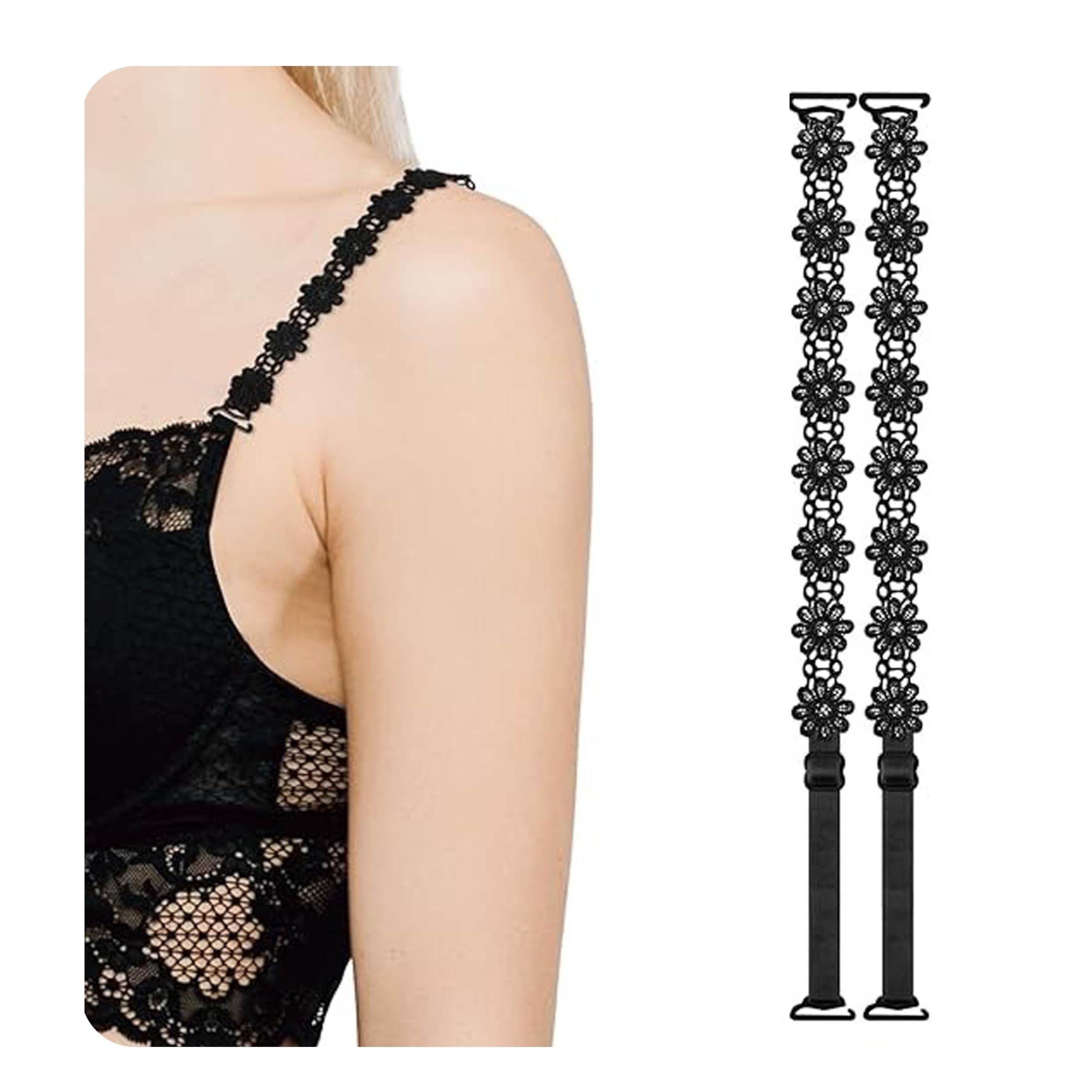 2 Pcs Women's Bra Straps, Adjustable Elastic Bra Straps, Lace Flowers Replacement Shoulder Straps, Non-Slip Lingerie Straps for Women Bras Tops Dress - Gun Black
