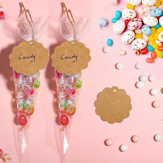 Pack of 100 Candy Bags with 100 Gift Tags Conical bags cellophane bags 25 x 13 cm for farewell gift candy bar wedding birthday (including closure and jute string)