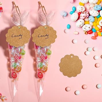 Pack of 100 Candy Bags with 100 Gift Tags Conical bags cellophane bags 25 x 13 cm for farewell gift candy bar wedding birthday (including closure and jute string)