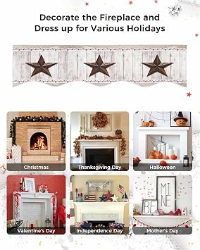 Farmhouse Fireplace Mantel Scarf Cover, Rustic Brown Country Star Barn Berry Wooden Fireplace Scarves Mantel Shelf Top Scarf Table Runner for Christmas/Halloween/Thanksgiving Decor, 90 x 17