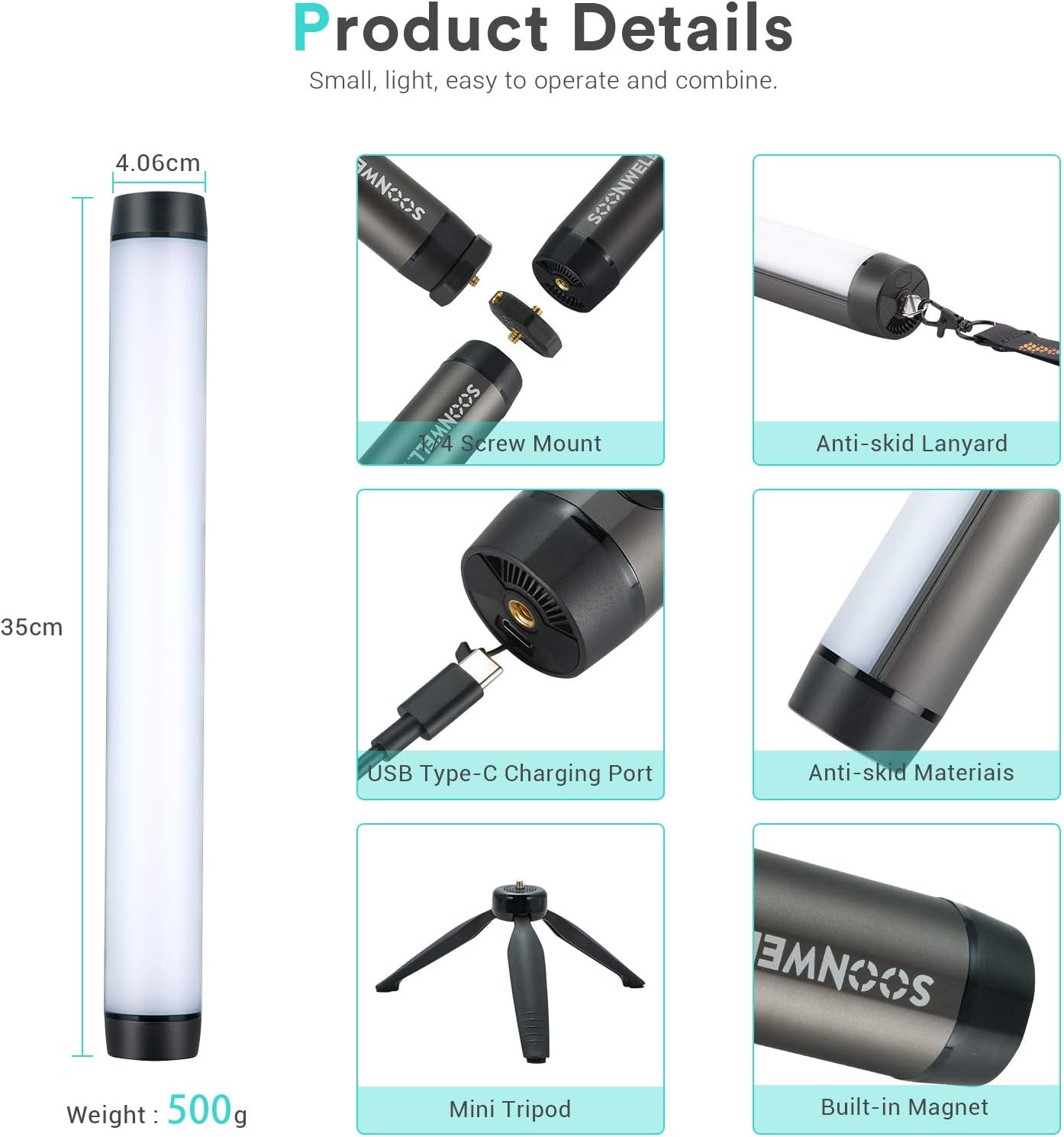 Detailed view of SOONWELL MT1 features including screw mount, anti-skid lanyard, USB Type-C charging port, anti-skid materials, mini tripod, and built-in magnet