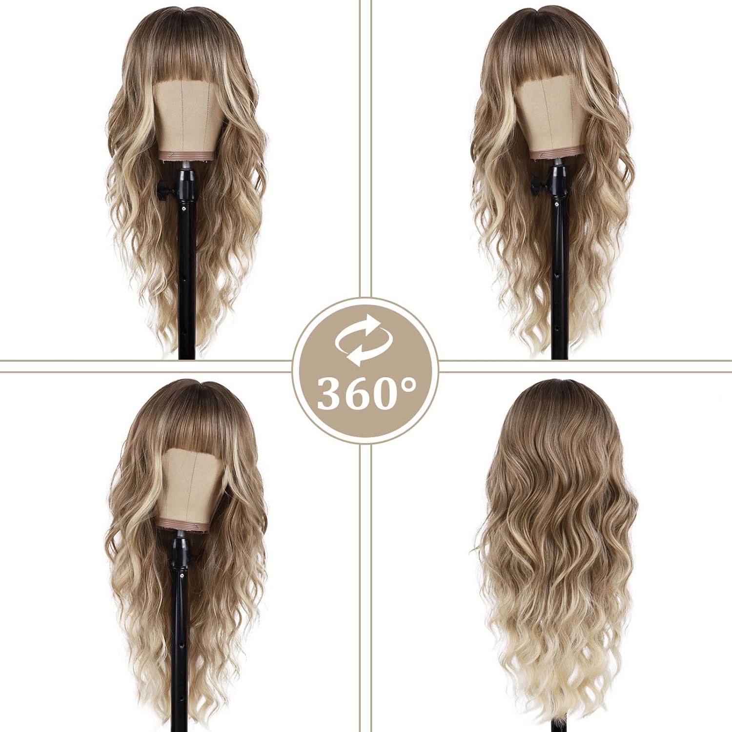 Blonde Wigs with Bangs Ombre Long Curly Wavy Blond Wigs Wear and Go Heat Resistant Synthetic Women Wigs for Daily Party Use (26 inches)