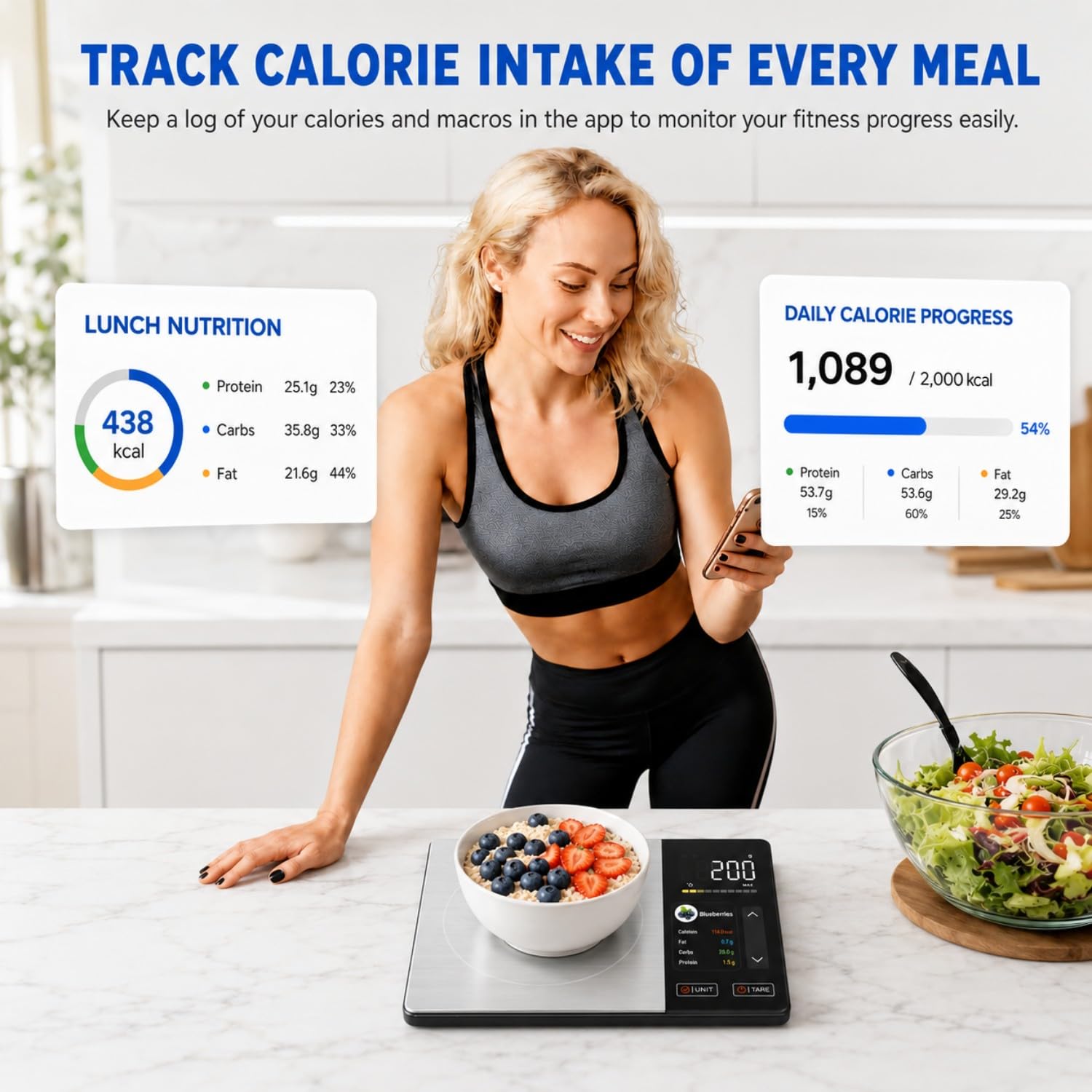 Smarte Ernährungswaage mit TFT-Display & App, Trackt Kalorien/Fett/Kohlenhydrate/Protein, 1g Präzision, 5kg/11lb, 50 Lebensmittel & 24 Nährstoffe, Digitale Küchenwaage für Meal Prep