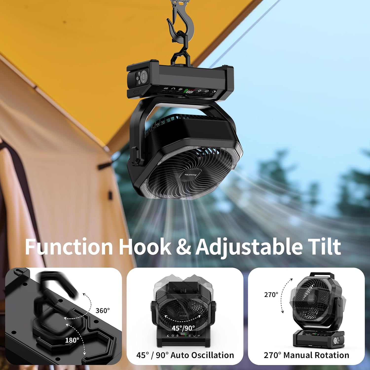 Socool Camping Fan with Light, 20000mAh Rechargeable Battery Fan with Remote, 112Hrs & 8 Speeds, Digital Display, Timer, Auto Oscillation, 270° Pivot & Hook for Outdoor Tent, Hurricane, Power Outage - Image 3