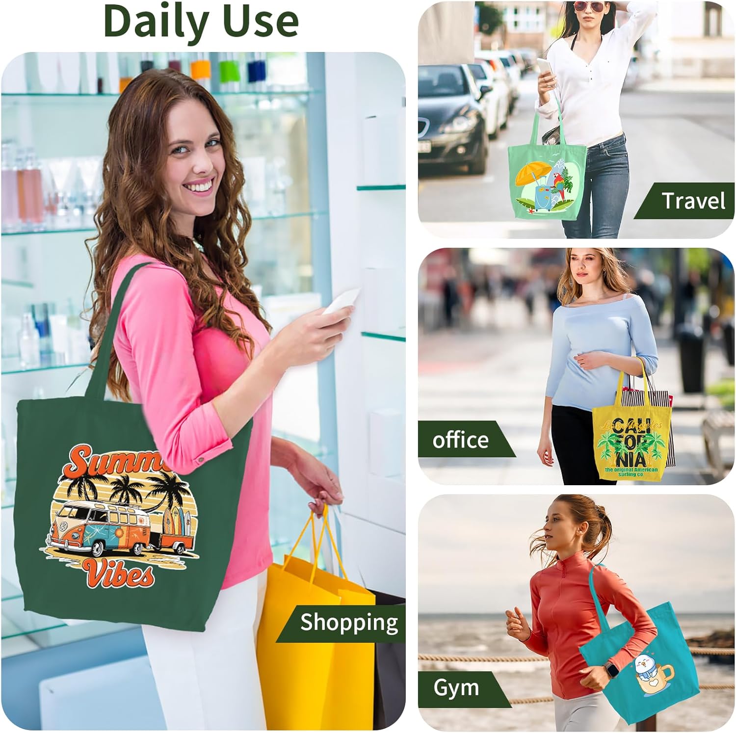 10 Pack Canvas Tote Bag with Zipper, OLSUNOR Reusable Grocery Bags with Long Handle, DIY Heat Transfer Sublimation Blanks Shopping Bag for Advertising, Birthday, New Year, Valentine's Day (Full Color) - Image 4