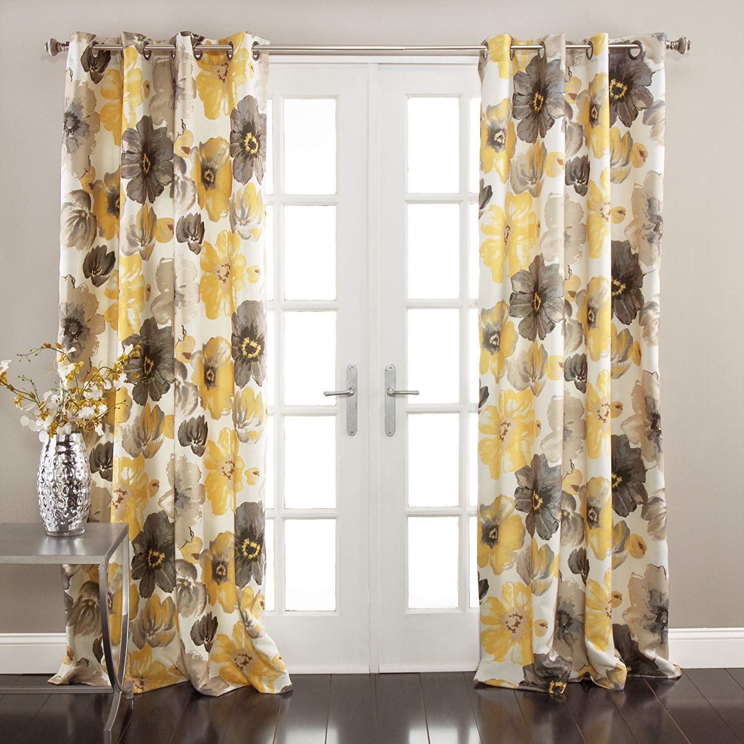 StyleWorth Polyester Floral Curtain, 4 x 7 Feet/ 46 x 84 Inch, Yellow, 2 Piece