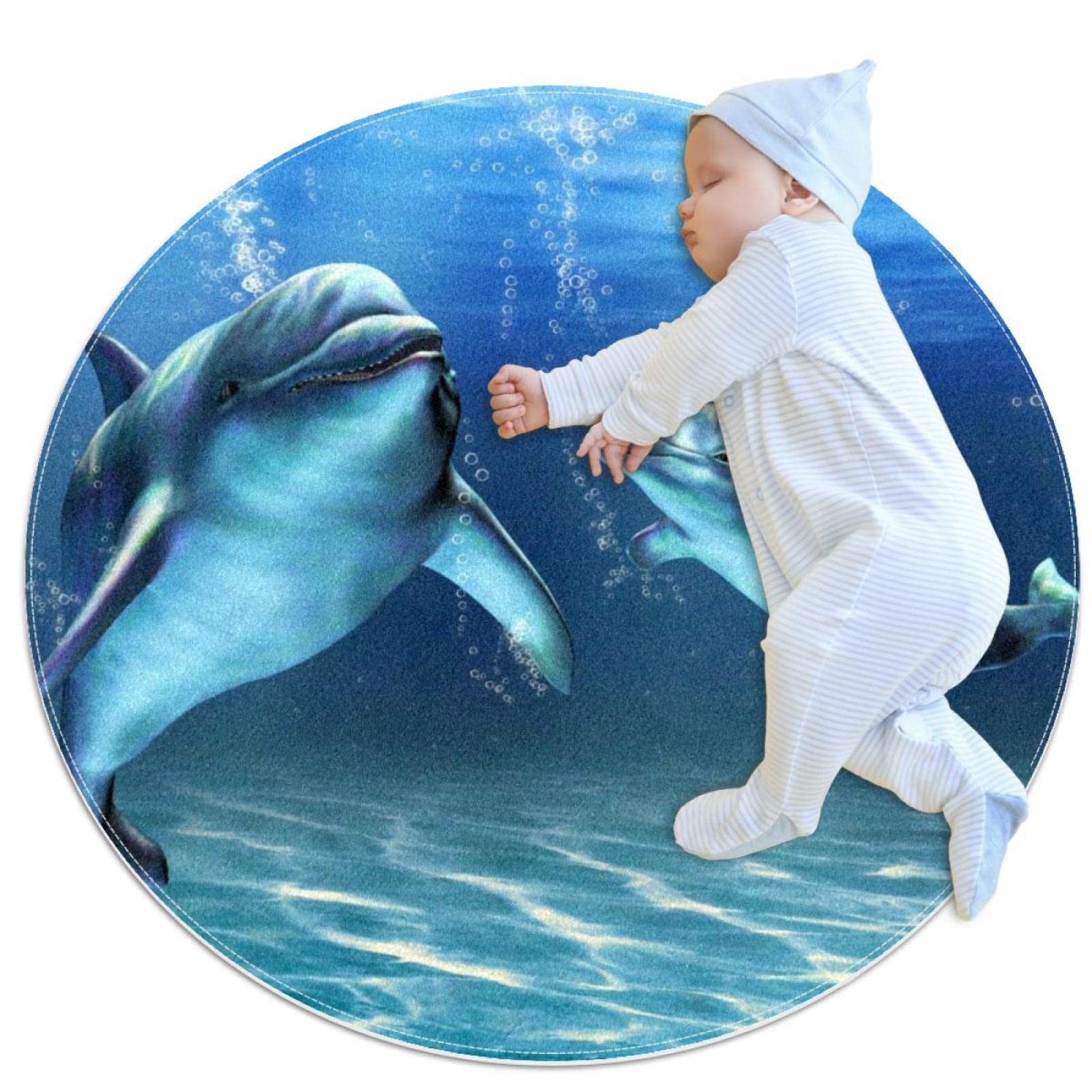 Tapis rond pour enfants JDEZ dauphins parfait pour le coin lecture de la chambre de votre bébé